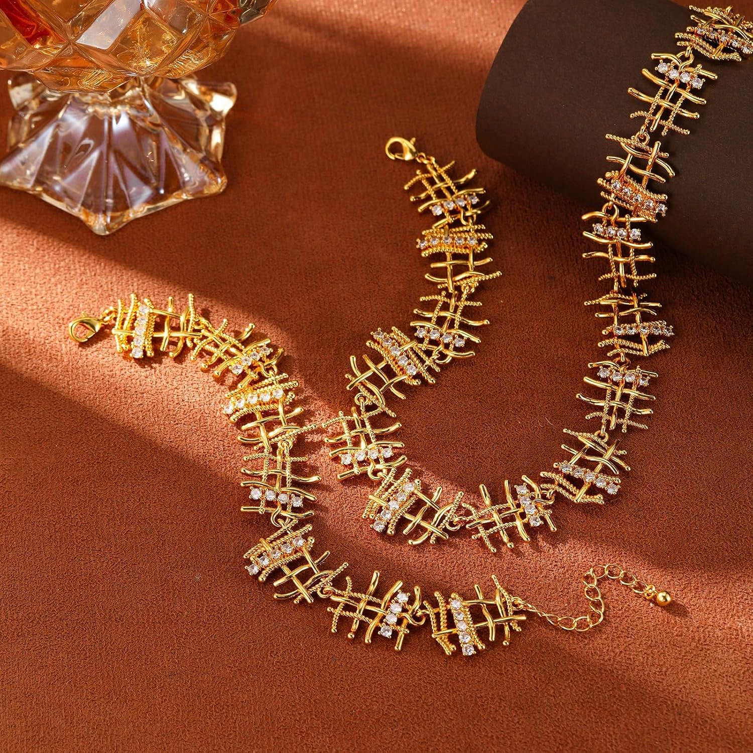 Vintage Woven Gold Plated Bracelet for Women, Cubic Zirconia Elegant Adjustable Chain, Retro Luxe Dainty Jewelry Gift for Her - Image 5