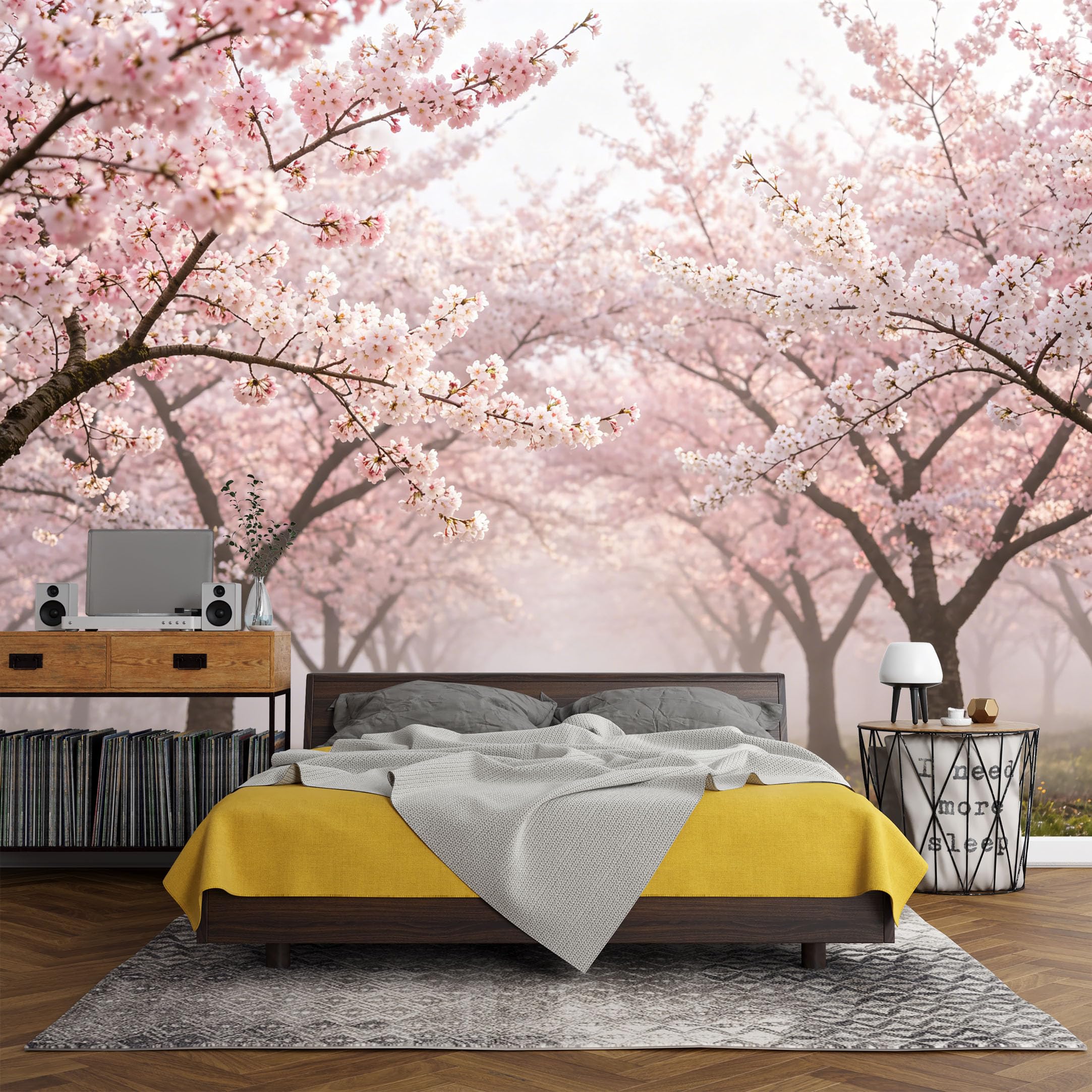 Custom Size Wall Mural， Botanical Cherry Blossom Sakura Trees Spring Landscape，SelfAdhesive Art Prints wall Fabric (No PVC) Removable Wallpaper Living Room Decor