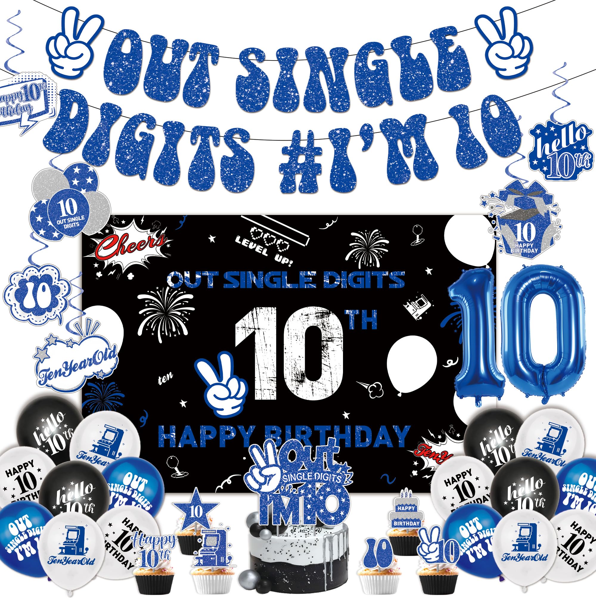 Photo 1 of 10th Birthday Decorations for Boys Include Banner-Backdrop-10 Number Balloons-Cake Topper-Cupcake Toppers-Hanging Swirl for 10 Year Old Birthday Decorations, Peace Out Single Digits Party Decor
