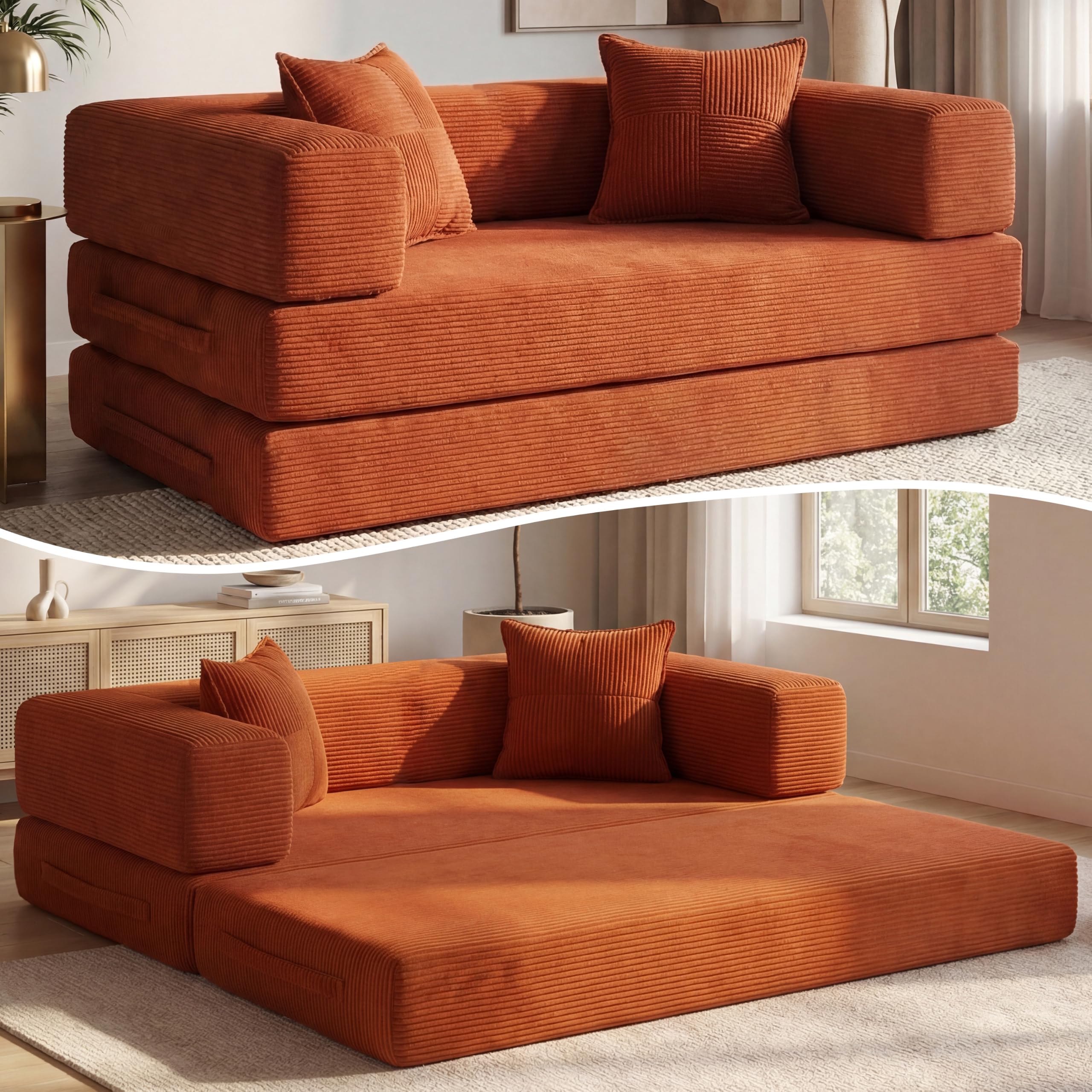 Vipbear Divano letto velluto a coste 160×90×70 cm, divano a pavimento trasformabile 5-in-1, schiuma ad alta densità, pet-friendly ed ergonomico, senza montaggio, Arancione