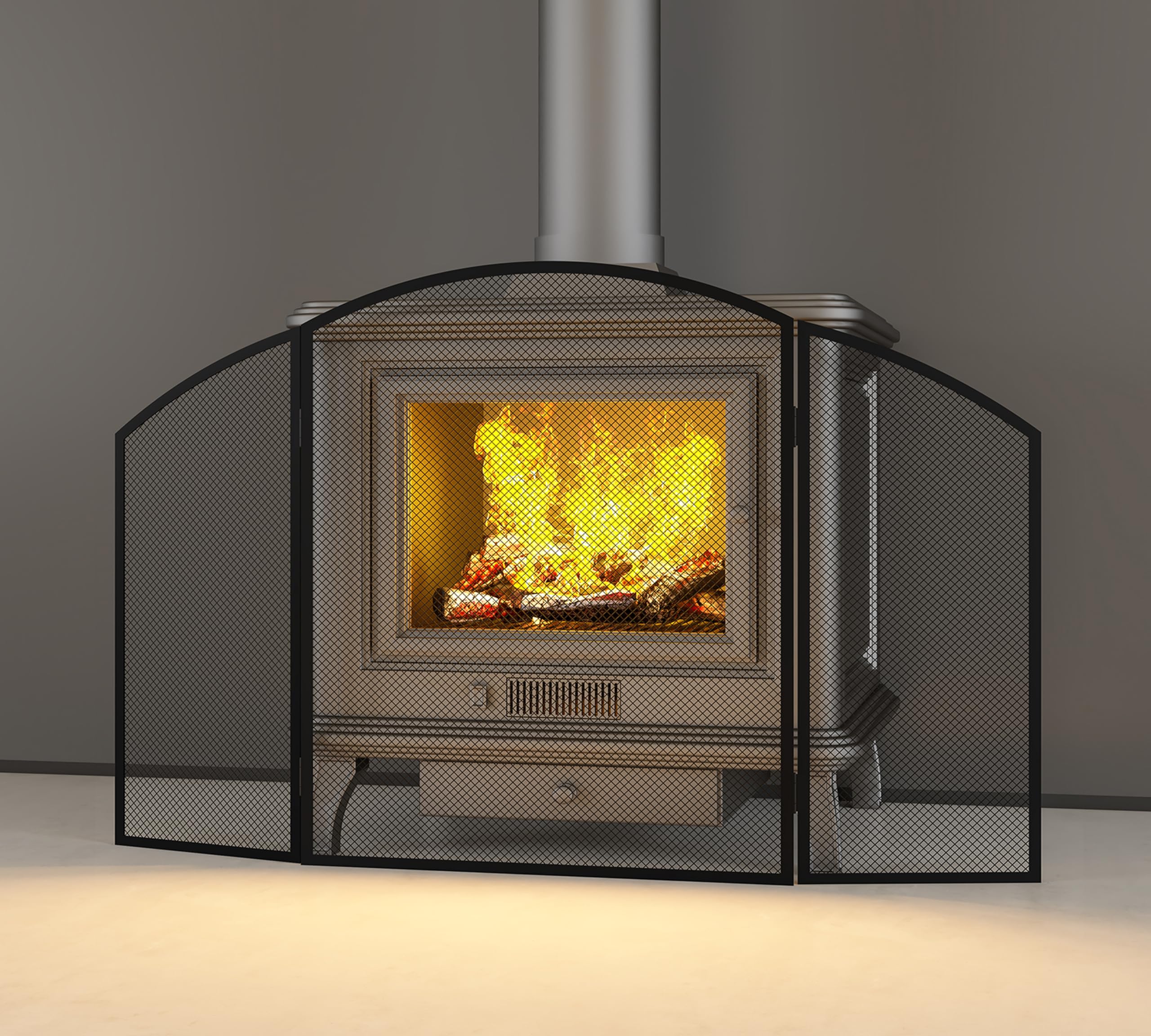 Pare-étincelles 3 panneaux fer plat 96,5 cm x 61 cm revêtement poudre noire cheminée