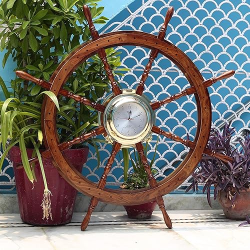 Miniatura 5 de Nagina International Rueda náutica de madera maciza con reloj de tiempo, diseño de capitán marítimo, decoración del hogar, regalo (16 pulgadas)