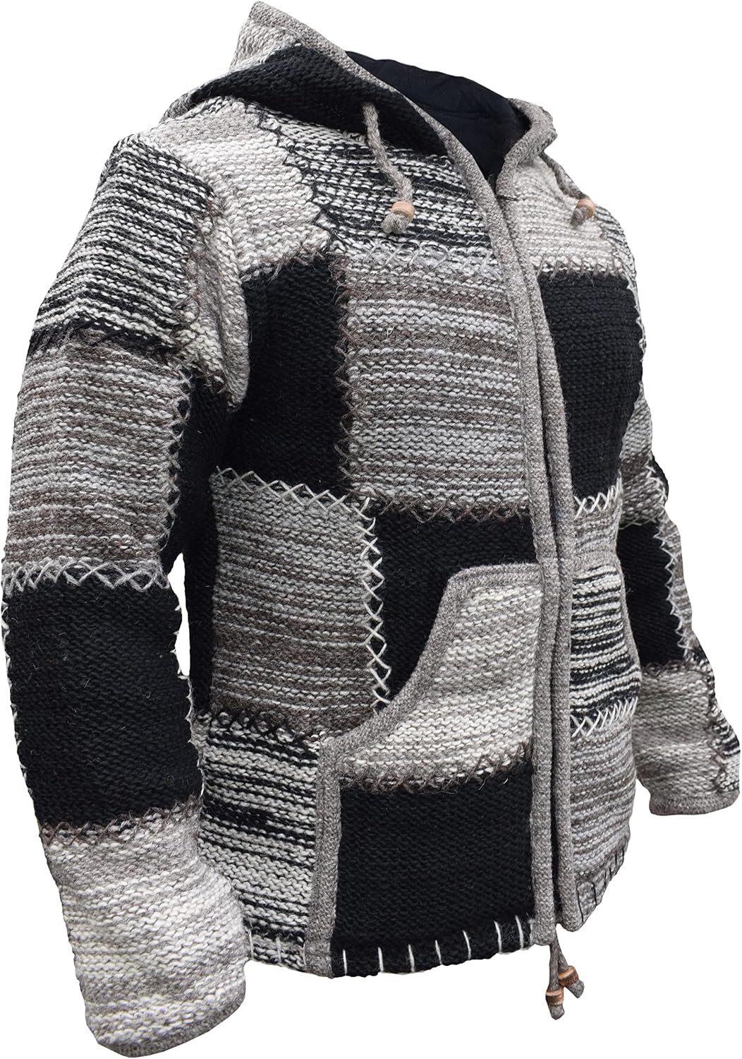 Gheri Mens Woolen Fleece Lined Patchwork Double Knit Boho Jacket