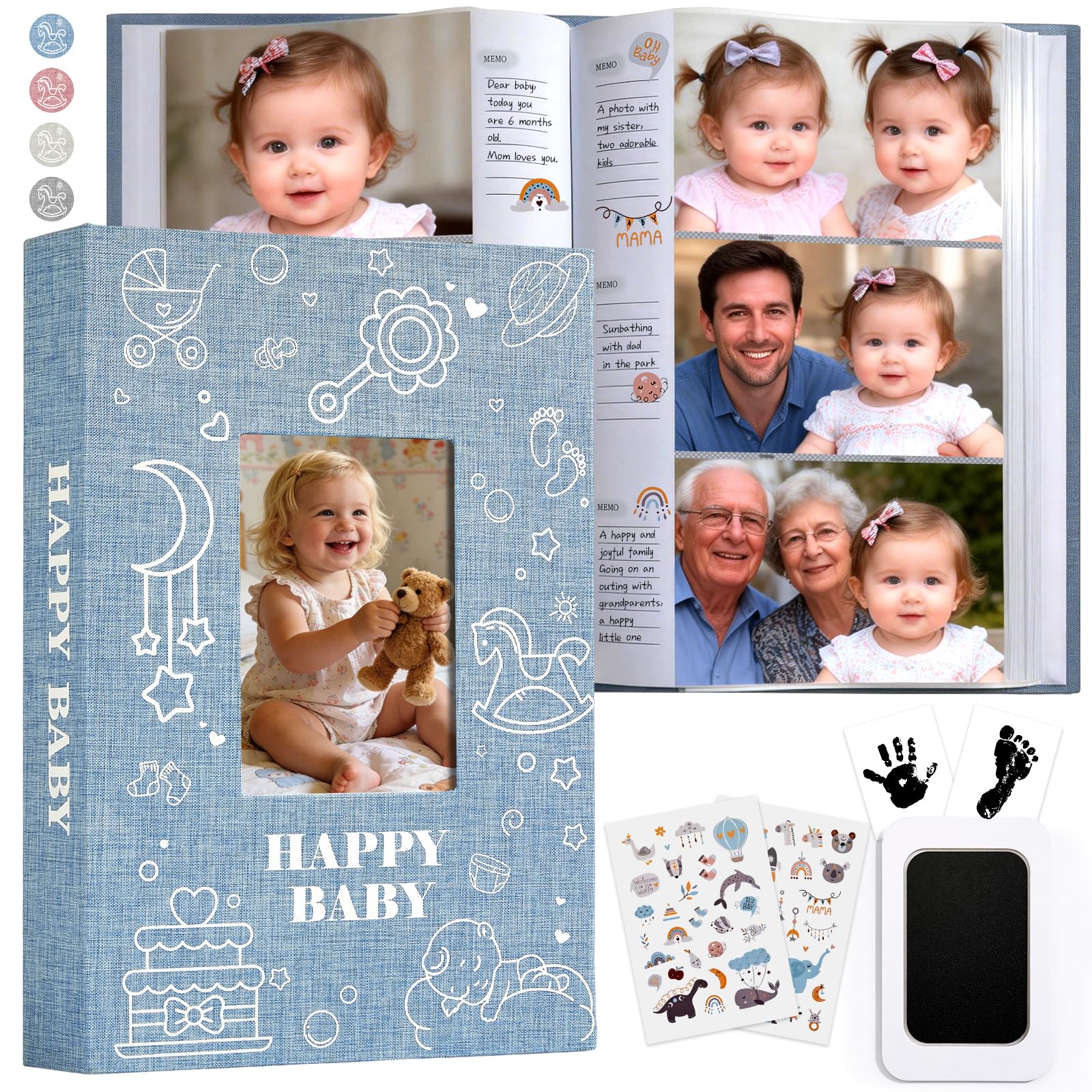 Baby Photo Album 4x6 300 Pockets with Memo Area, Photo Stickers & Hand and Footprint Kit, Linen Cover Baby Memory Book with Front Window, First Year Keepsake for Newborn Boy Girl