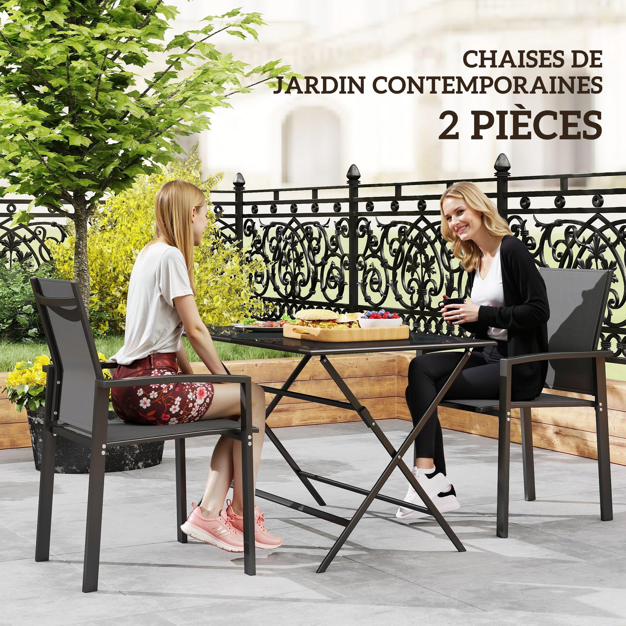 Outsunny Lot de 2 chaises de Jardin chaises empilables d'extérieur Respirant avec accoudoirs, en Aluminium et textilène pour Jardin, Piscine, terrasse, Gris foncé