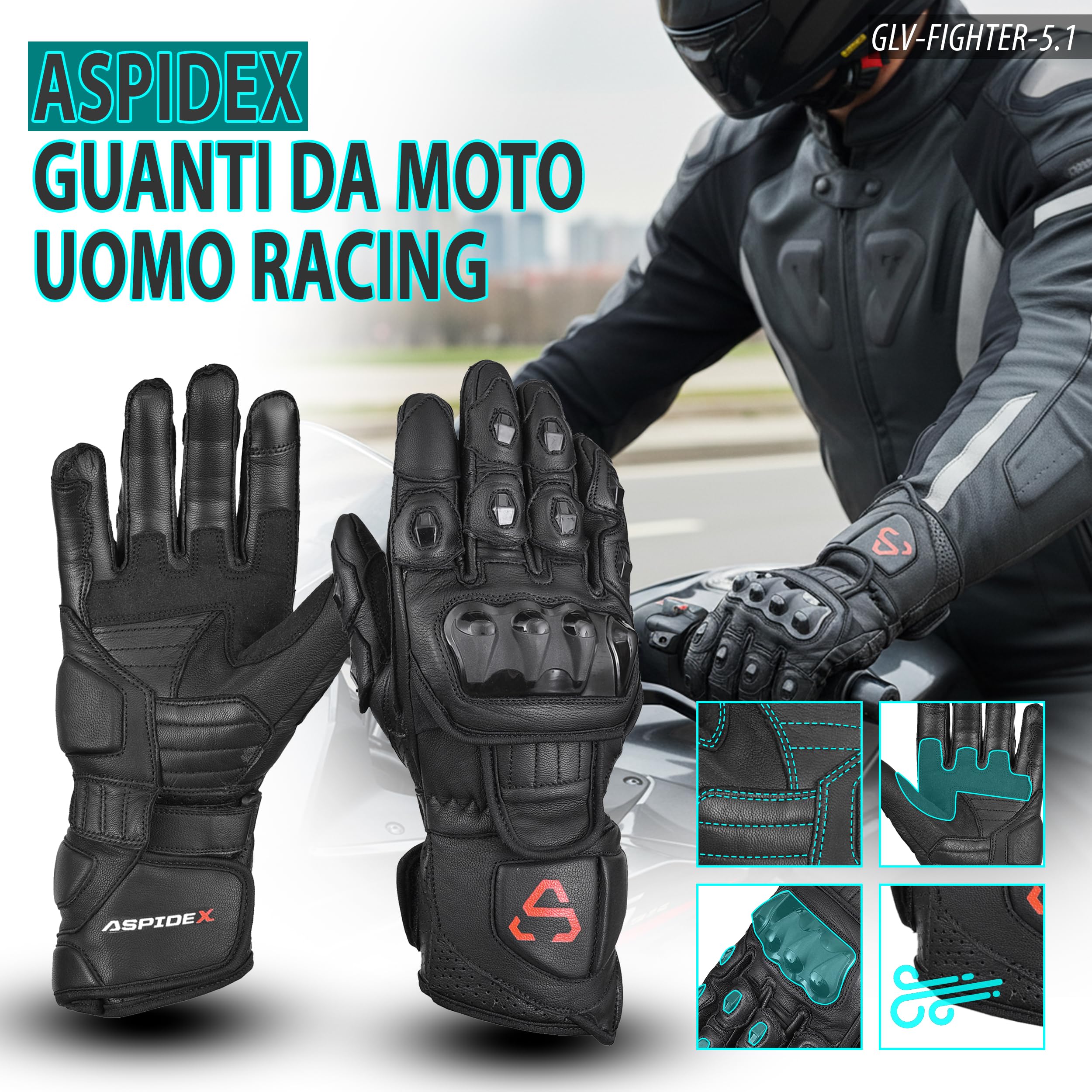 Guanti Da Corsa In Pelle Da Uomo Per Moto Guanti Protettivi Con Protezione Nocche, Guanti Sportivi Corsa Neri