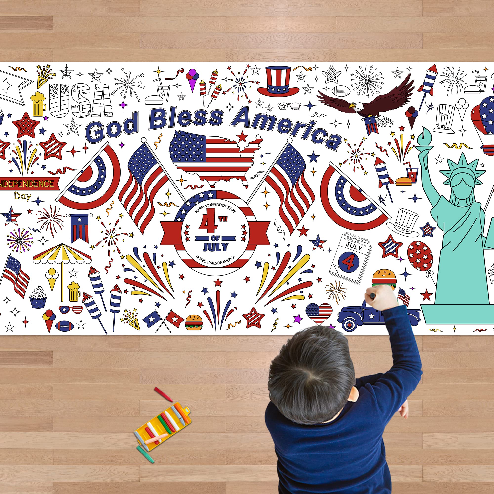 OHOME 4th of July Giant Coloring Poster/Tablecloth-4th of July Crafts for Kids - 30 x 72 Inches July 4th Games Activities Toys Decor Party Favors Decorations- Fourth of July Accessories