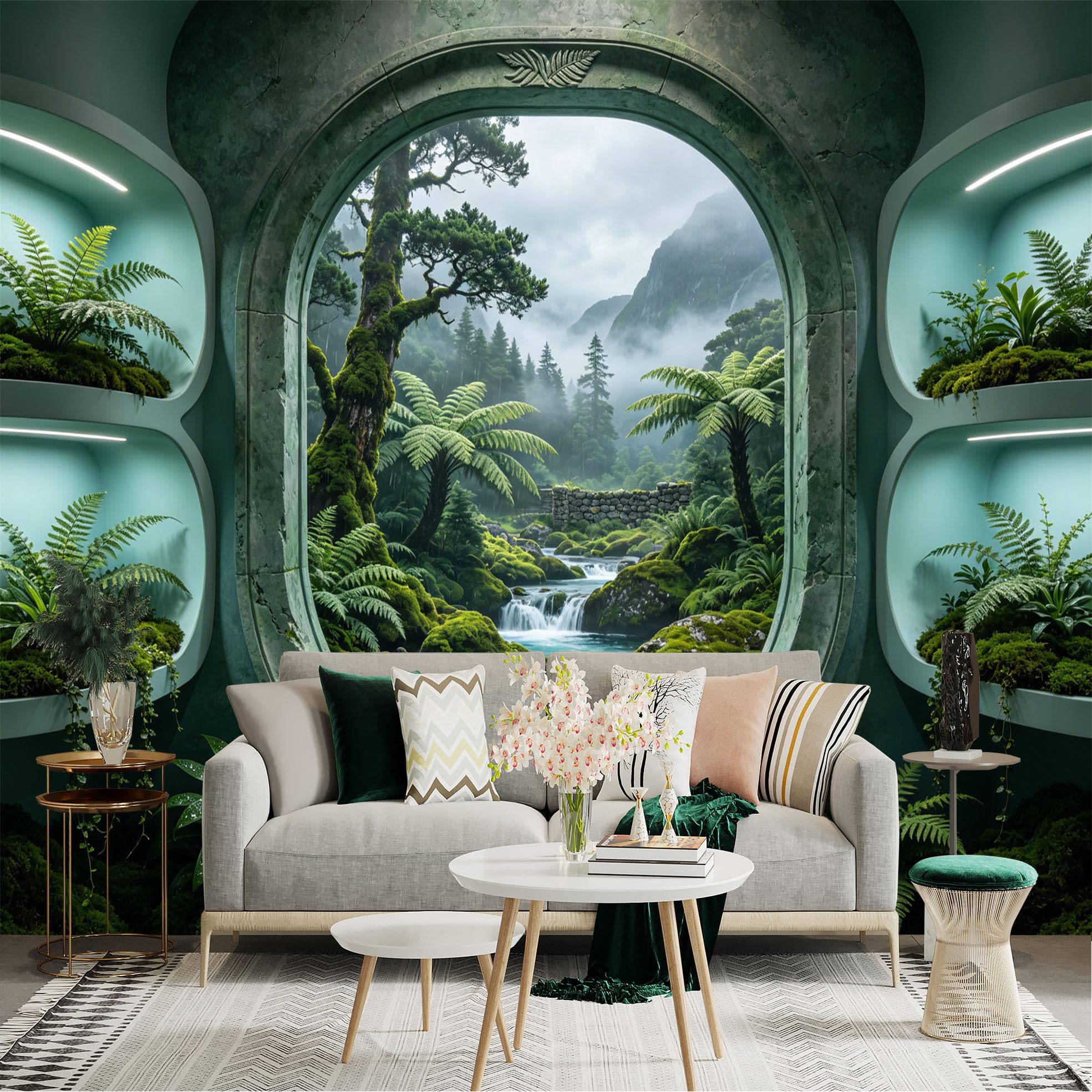 Lnzczhyre Dbh260521532 Custom Size Wall Sticker Mural， Misty Forest Landscape， Mossy River Scenery， Tropical Fern View， Zen Natural Window， For Wall Decoration， Peelandstick Wall Decals.