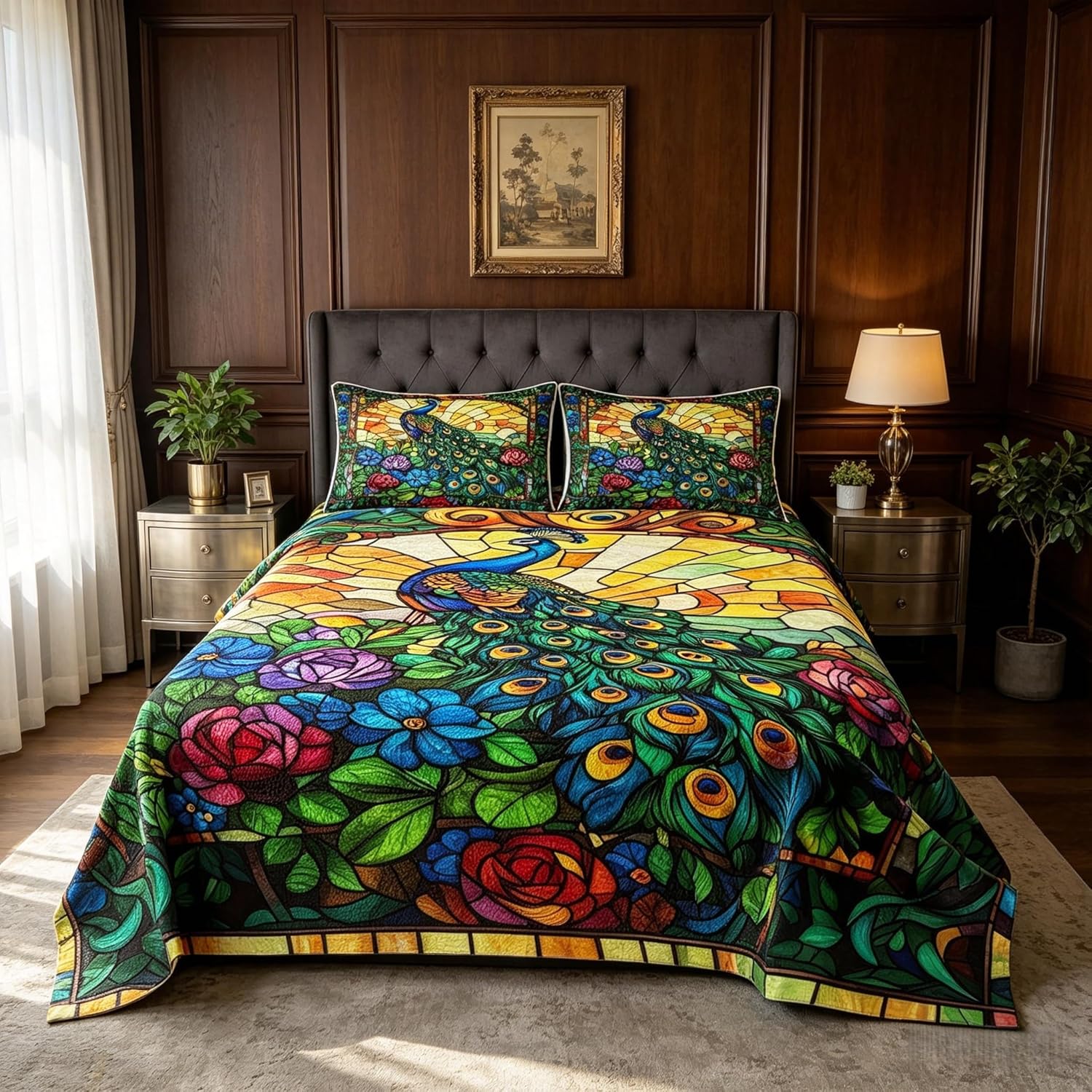 Peacock Kids Bedspread Queen Size,Rose Flowers Feather Wild Animals Rustic Coverlet Set,Boys Girls Room Decor,Geometric Grids Abstract Quilted Coverlet,Green Retro Chic Bedding Quilt,2 Pillowcases
