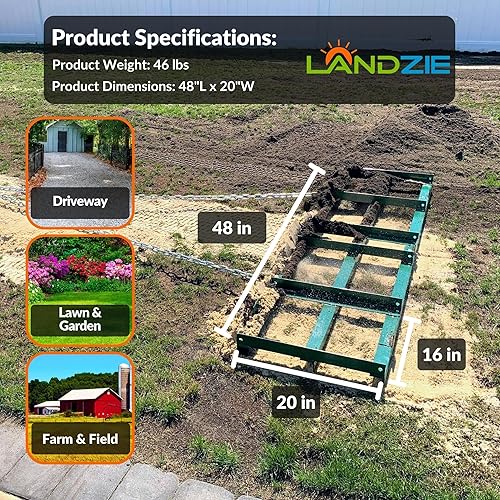 Miniatura 6 de LANDZIE Rastrillo eléctrico de arrastre para cuatrimoto UTV tractor cortacésped acero reforzado de 4 pies dos secciones de 2 pies herramienta de