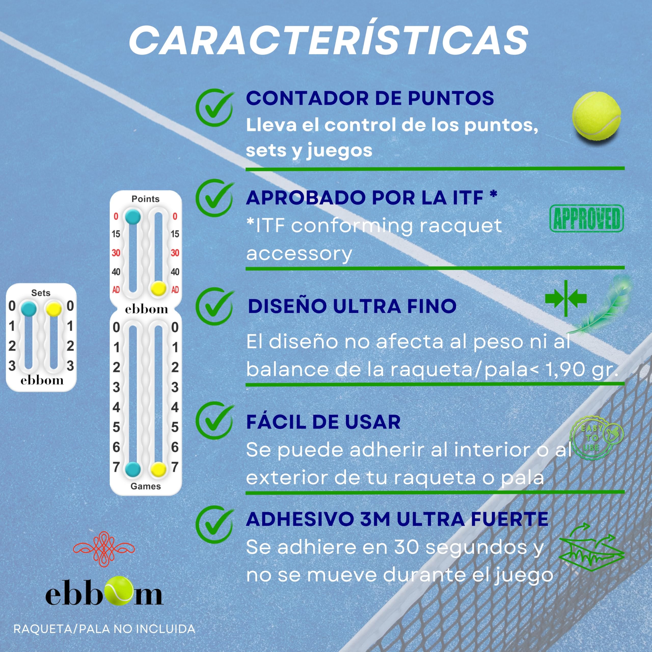 Segnapunti Padel e Tennis Ultralight con Adesivo 3M - Include 2 Overgrip B/N e 1 Pulitore – Adattabile a Tutte Le Racchette e Padel – Accessori Padel - Contatore Punti Padel