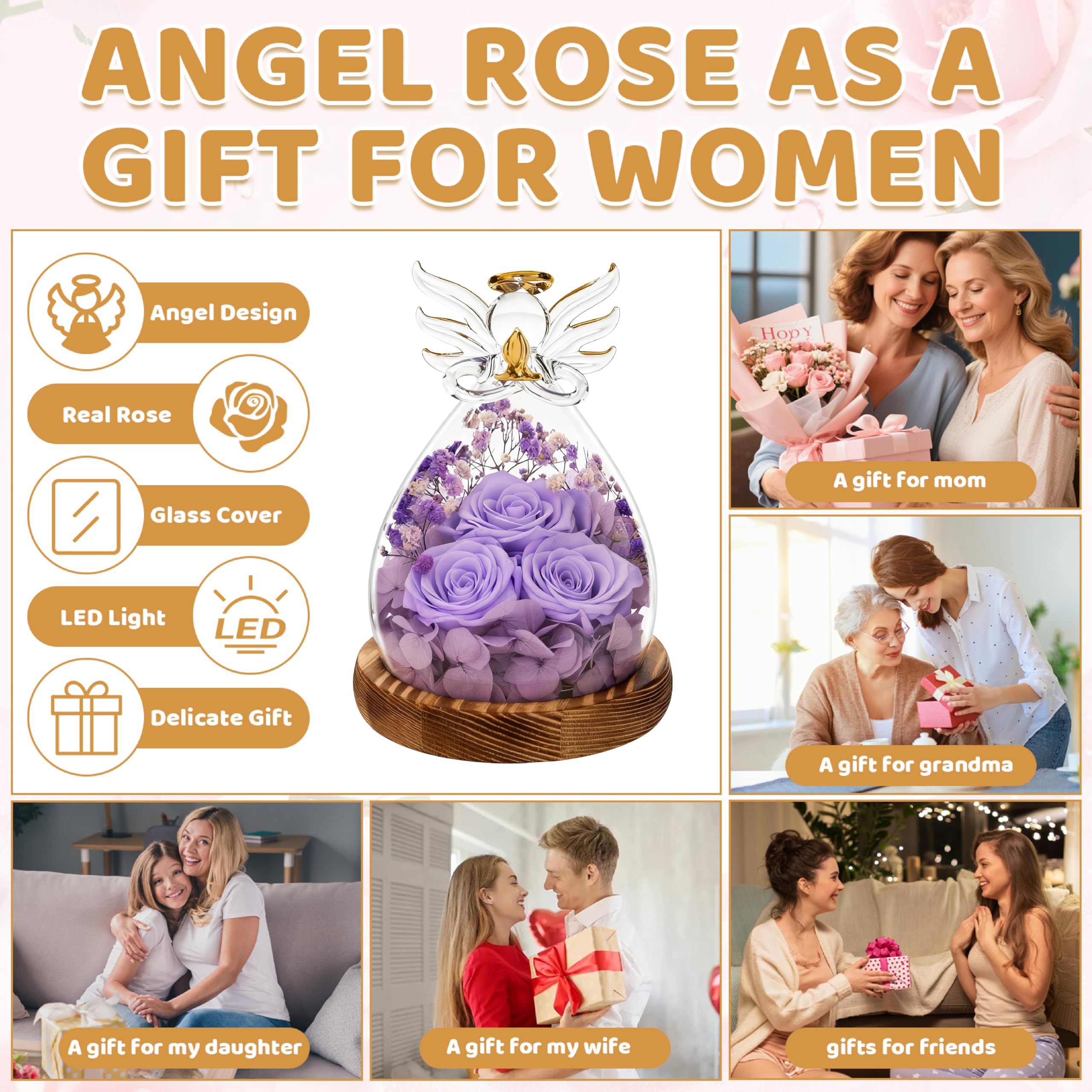 Rosa de ángel para mujer, figura de ángel de cristal preservada con luces LED, luz nocturna de cumpleaños de flor eterna para mamá, decoración perfecta para el día de la madre, San Valentín