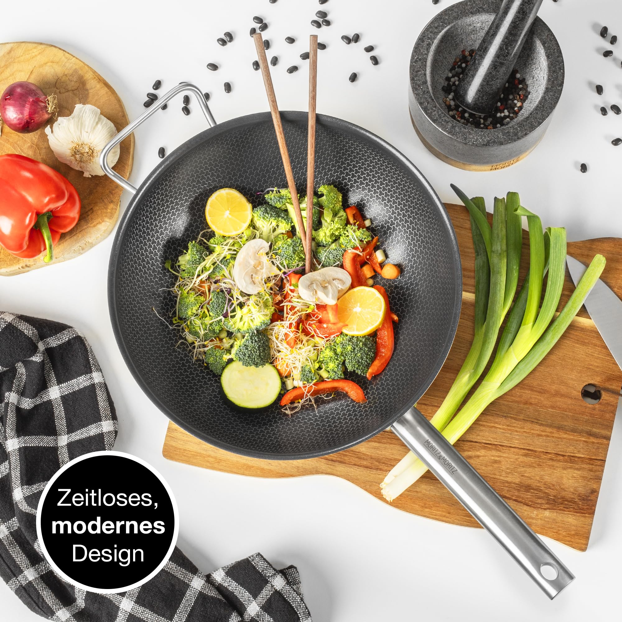 Moritz & Moritz Edelstahl Wokpfanne 30cm mit Keramikbeschichtung der neuesten Generation - für alle Herdarten geeignet - Antihaft Wok Wabenstruktur zum Kochen, Braten und Schmoren