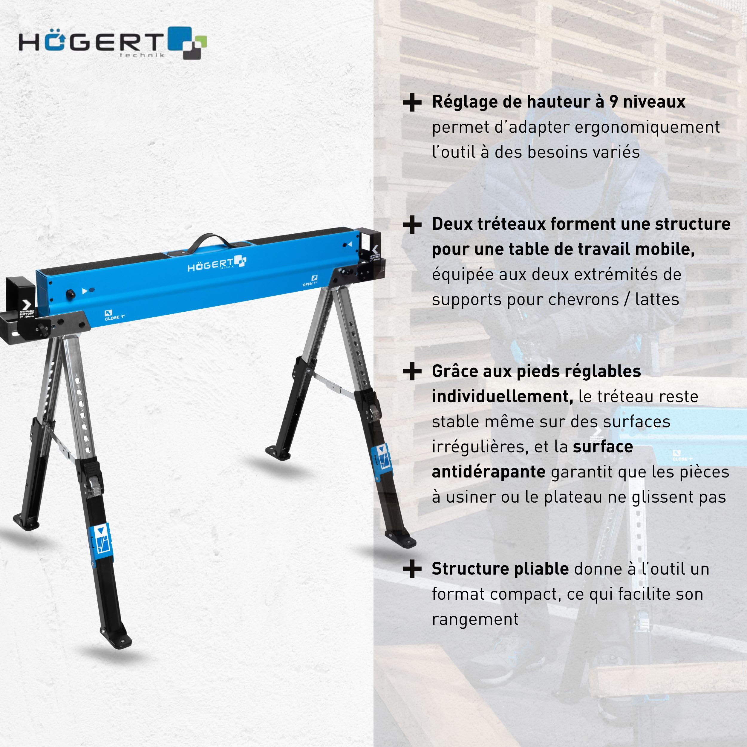 HÖGERT TECHNIK Tréteau pliant réglable en hauteur de 61,5 à 82 cm avec capacité de charge de 590 kg, supports de poutre de 40 à 90 mm, surface de travail antidérapante, supports pliables et poignée de