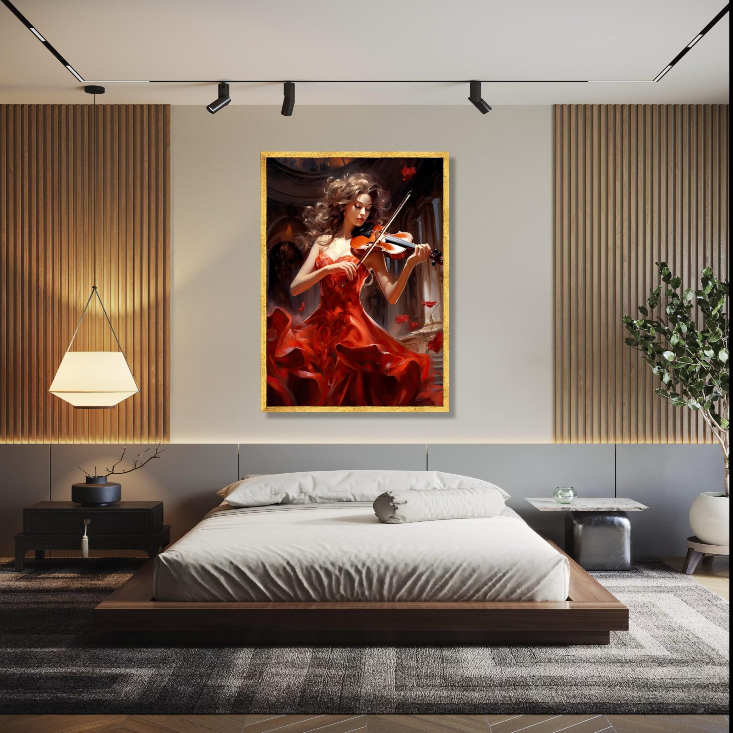 XBTYKPB Lienzo de violinista con vestido rojo fluido, arte mural de instrumentos musicales, decoración de música clásica, decoración romántica del hogar, pintura (70 x 100 cm/marco interior)