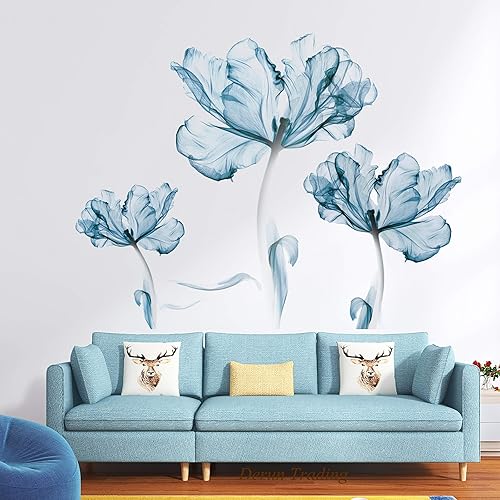 Vista 16 de DERUN TRADING Calcomanías de pared de flores de rosa azul, calcomanías de decoración murales para mujeres y niñas, cuarto de bebé, dormitorio