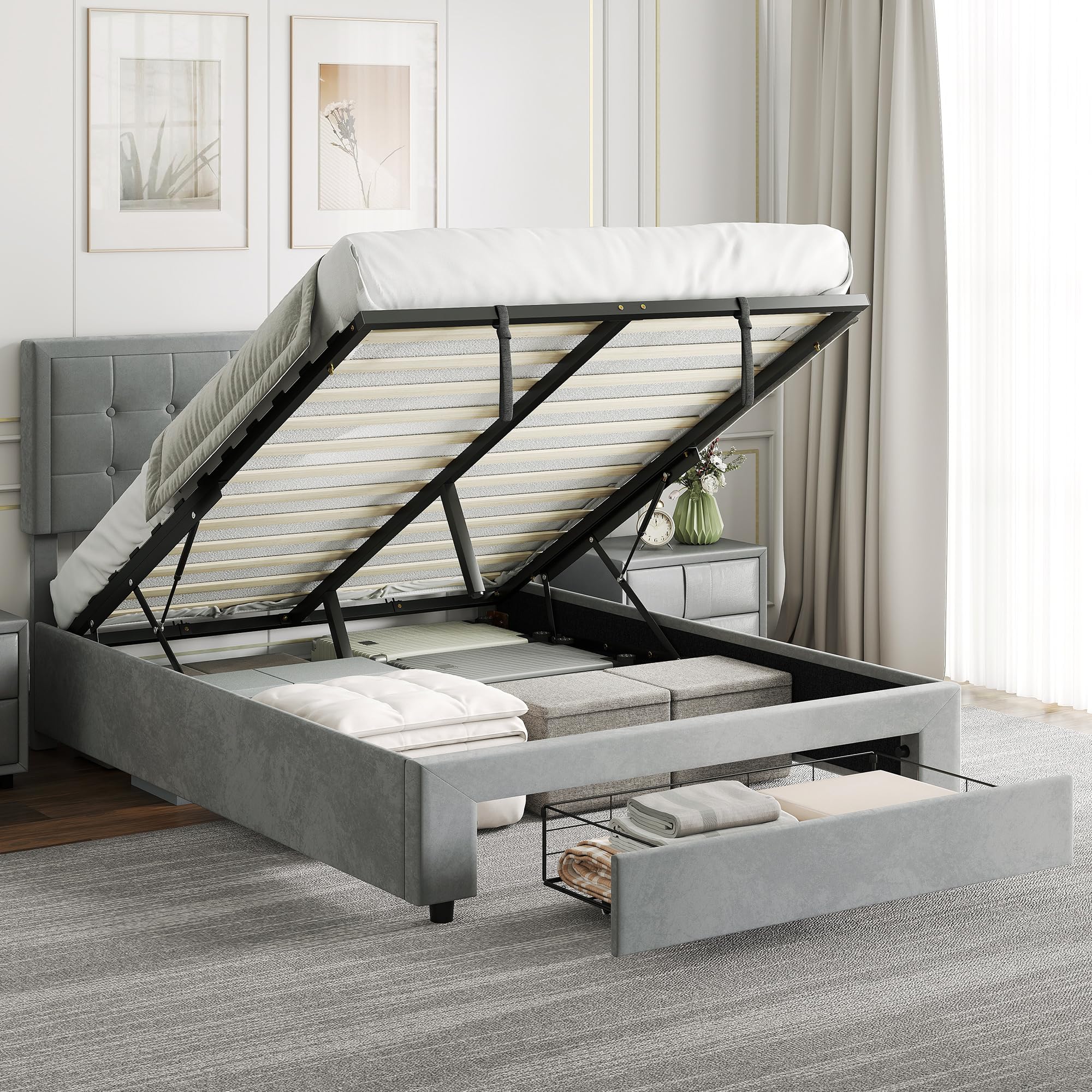 HOMCOM Upholstered Ottoman Bed with Storage Drawer and Adjustable Headboard, 4ft6 Double Size Bed Frame with Gas Lift End Opening, Wooden Slats, No Mattress, Grey