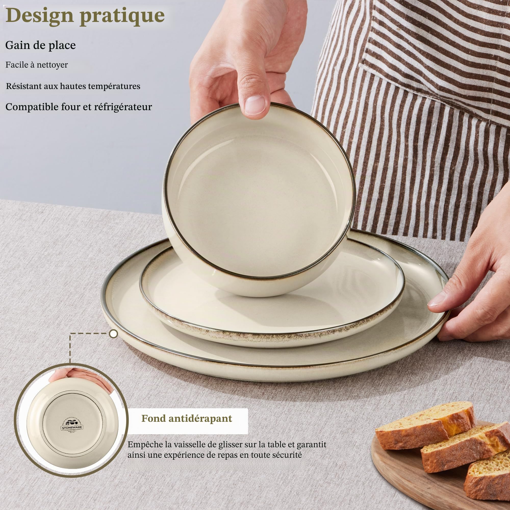 Joyfair Service de table pour 6 personnes, 18 pièces, en grès résistant, rayures, assiettes plates, dessert, bols céréales, micro-ondes, lave-vaisselle, kaki récif