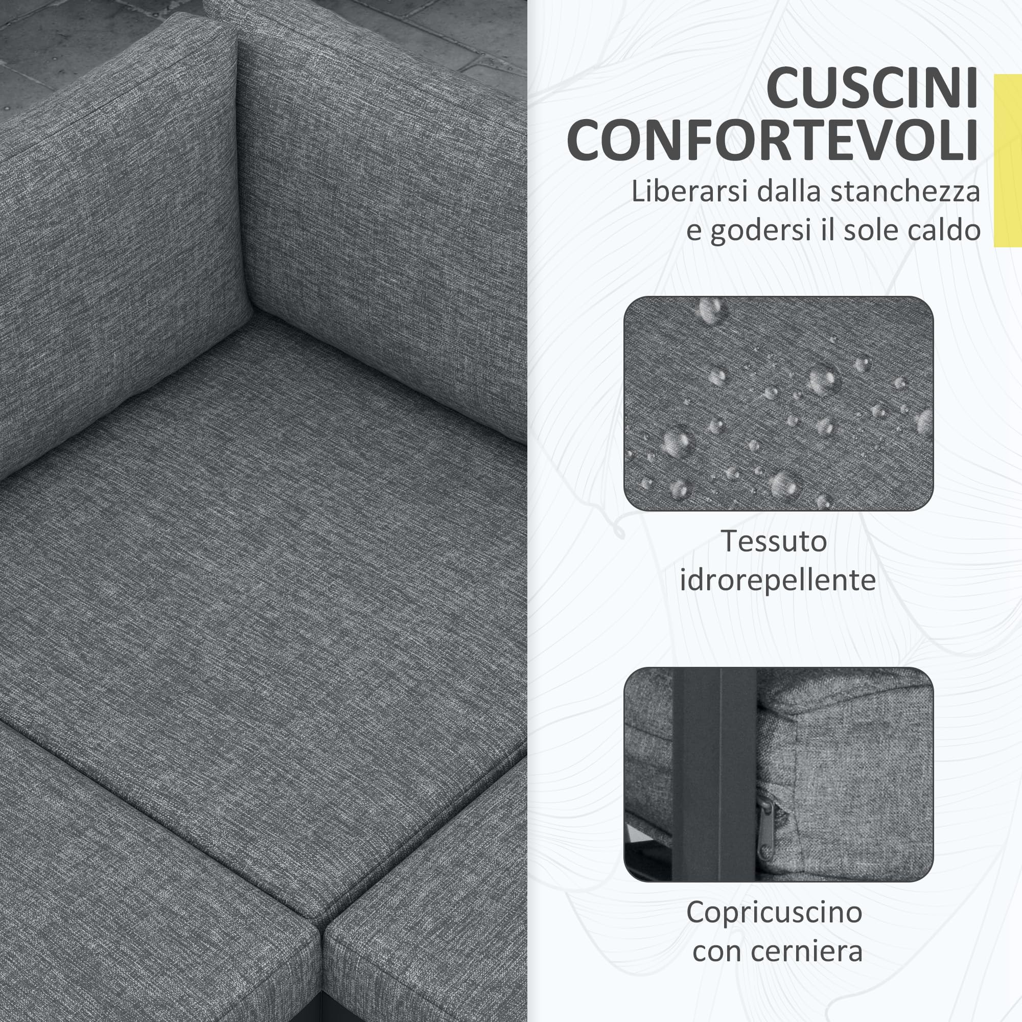 Outsunny Set da Giardino 4 Pezzi in Alluminio e Poliestere, Set da Esterno con 2 Divanetti 163x70x64 cm, Poltrona Angolare 70x70x64 cm e Tavolino da Caffè 102x60x30 cm, Grigio Scuro e Teak