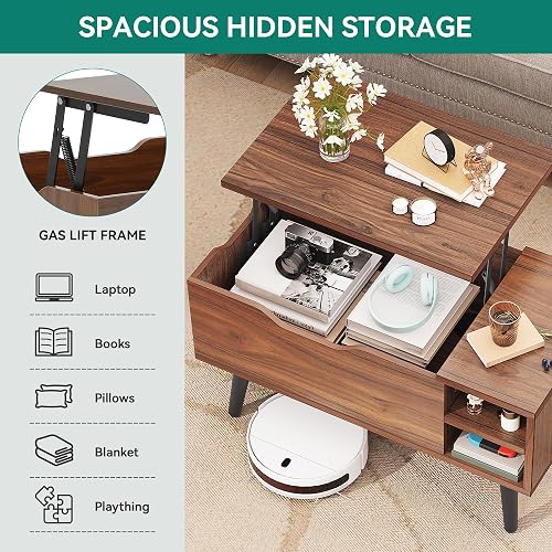 YITAHOME Tavolino da Caffè con Piano Sollevabile e Scomparto Nascosto, Ripiano Portaoggetti Regolabile, Sollevatore a Molla, Tavolino da Caffè con Spazio per Soggiorno, 80x40x61,5 cm, Rovere Rustico - 2