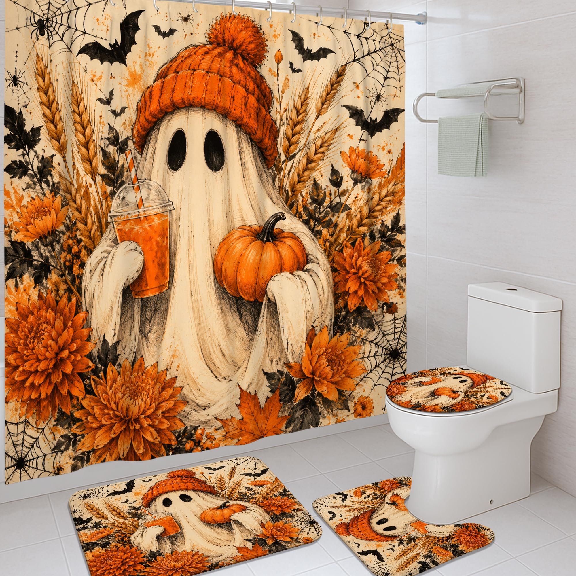 Rideau de douche imperméable Halloween avec tapis lavable en machine