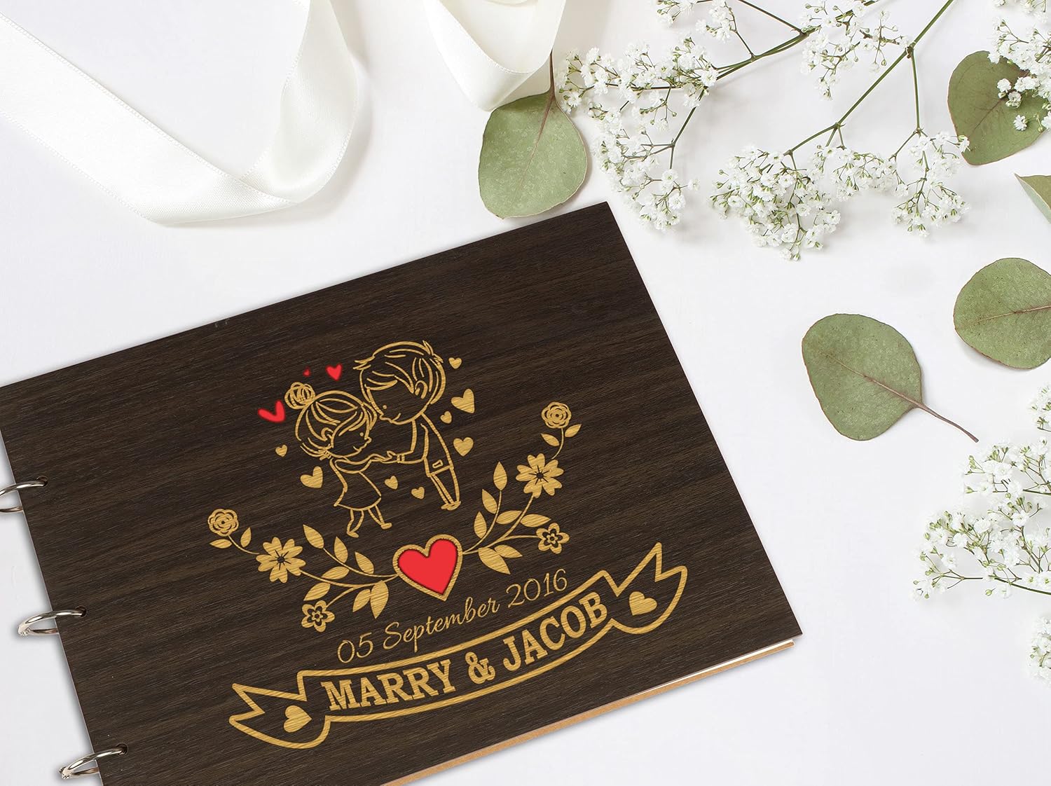 Darling Souvenir Personalized Engraved Laser Cut Wedding Guest Book Wooden Cover Sign-in Book Registry Guestbook Scrapbook-H8