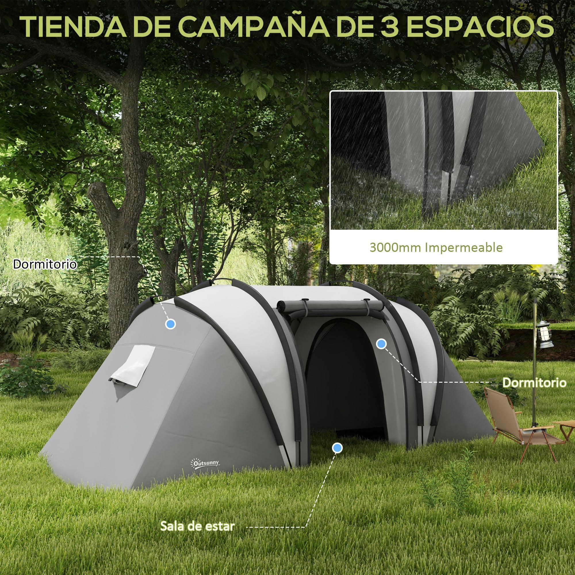 Outsunny Tenda da campeggio per famiglia per 4-5 persone, tenda da campeggio a tunnel impermeabile 3000 mm con 2 camere da letto, borsa da trasporto e gancio per pesca escursionismo