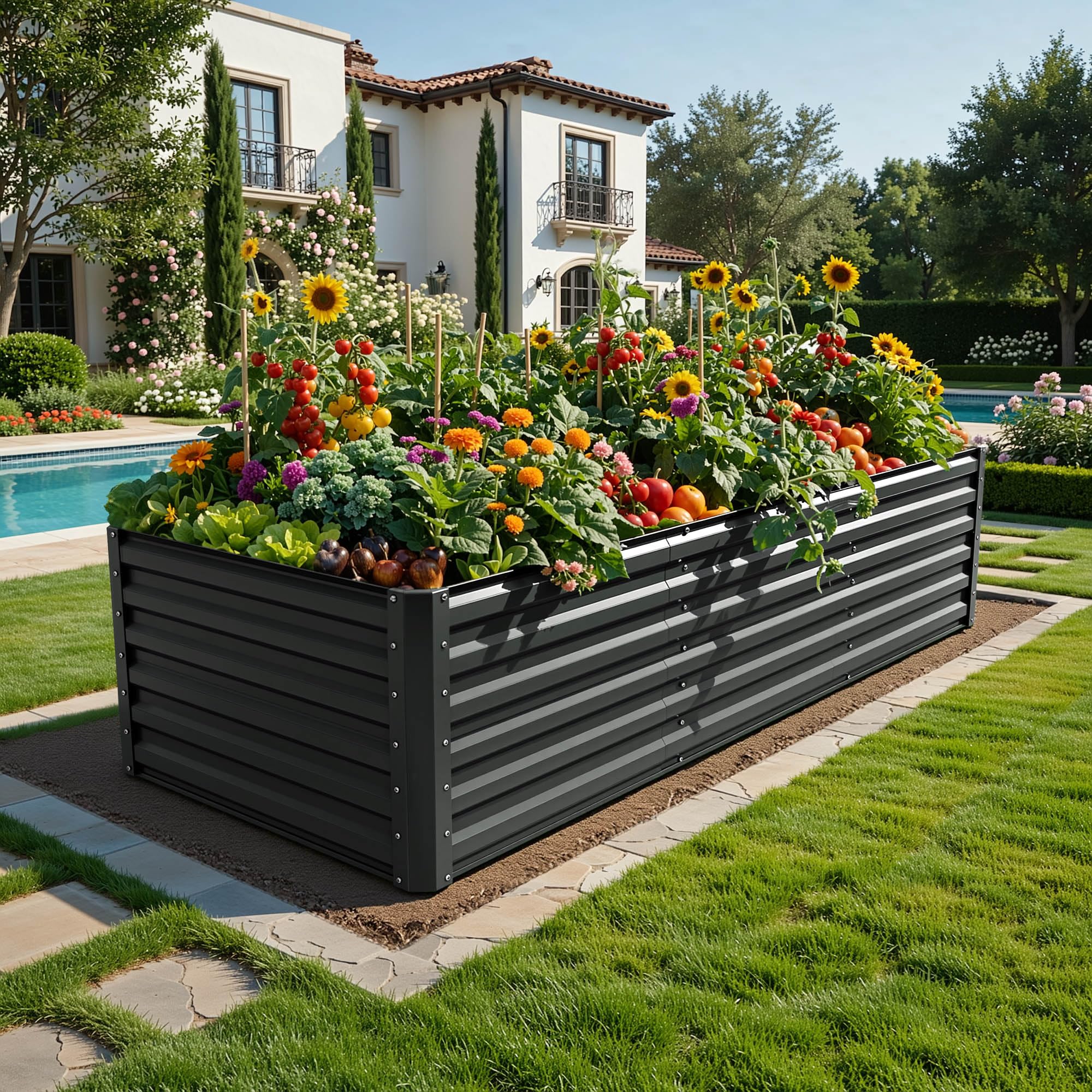 View 1 of ****CHECKED  7/12 - AS IS/NO RETURNS - SALE FINAL - FOR PARTS ONLY****YITAHOME 96x48x24 in Galvanized Raised Garden Bed Kit, Large Metal Planter Box with Gloves, Safety Rubber & Support Rod, Outdoor Flower Bed for Plants Vegetables, Black