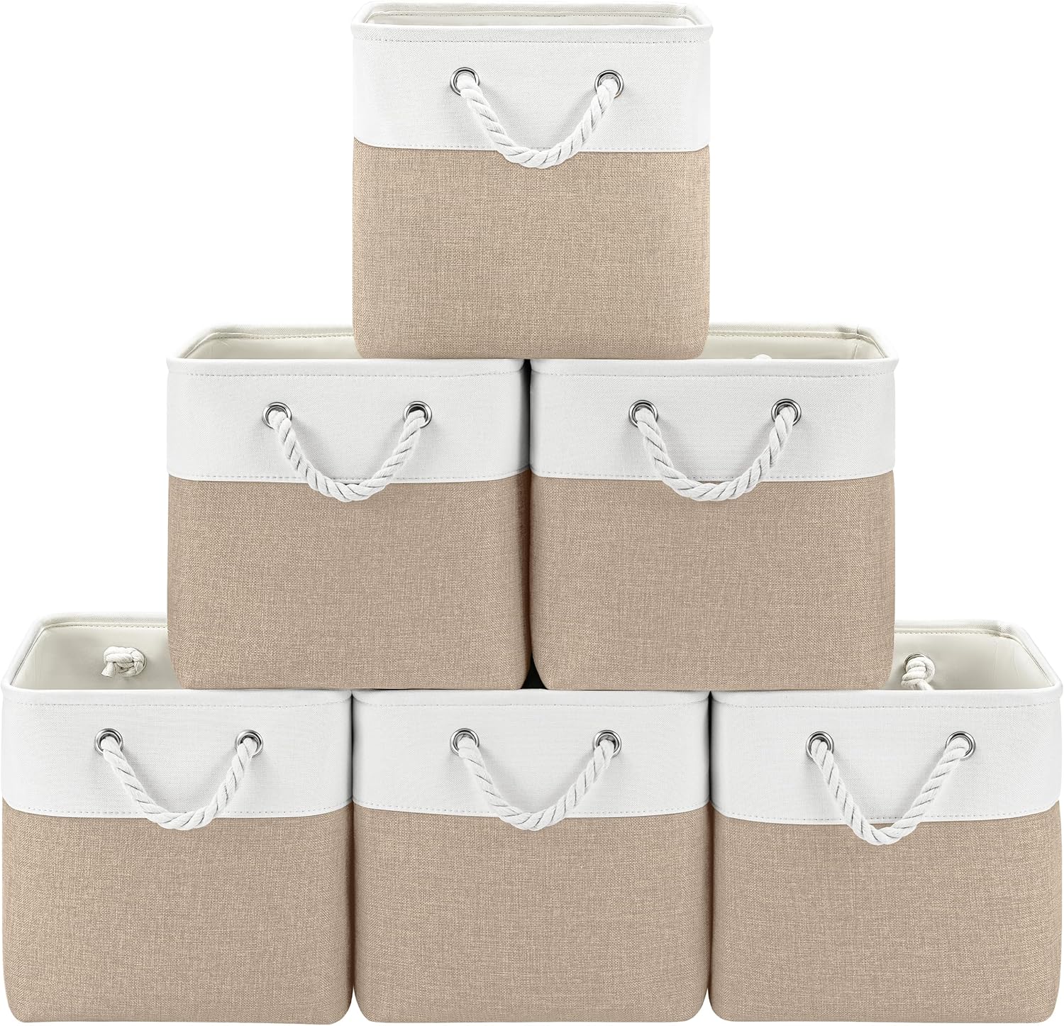 11×11 Cube Storage Bins, Collapsible Fabric Storage Cubes, 6-Pack Foldable Storage Bins with Rope Handles for Toy Storage, Closet Organization, Shelf Bin, Pantry and Home Decor (White&Khaki) 11×11 Cube Storage Bins, Collapsible Fabric Storage Cubes, 6-Pack Foldable Storage Bins with Rope Handles for Toy Storage, Closet Organization, Shelf Bin, Pantry and Home Decor (White&Khaki)