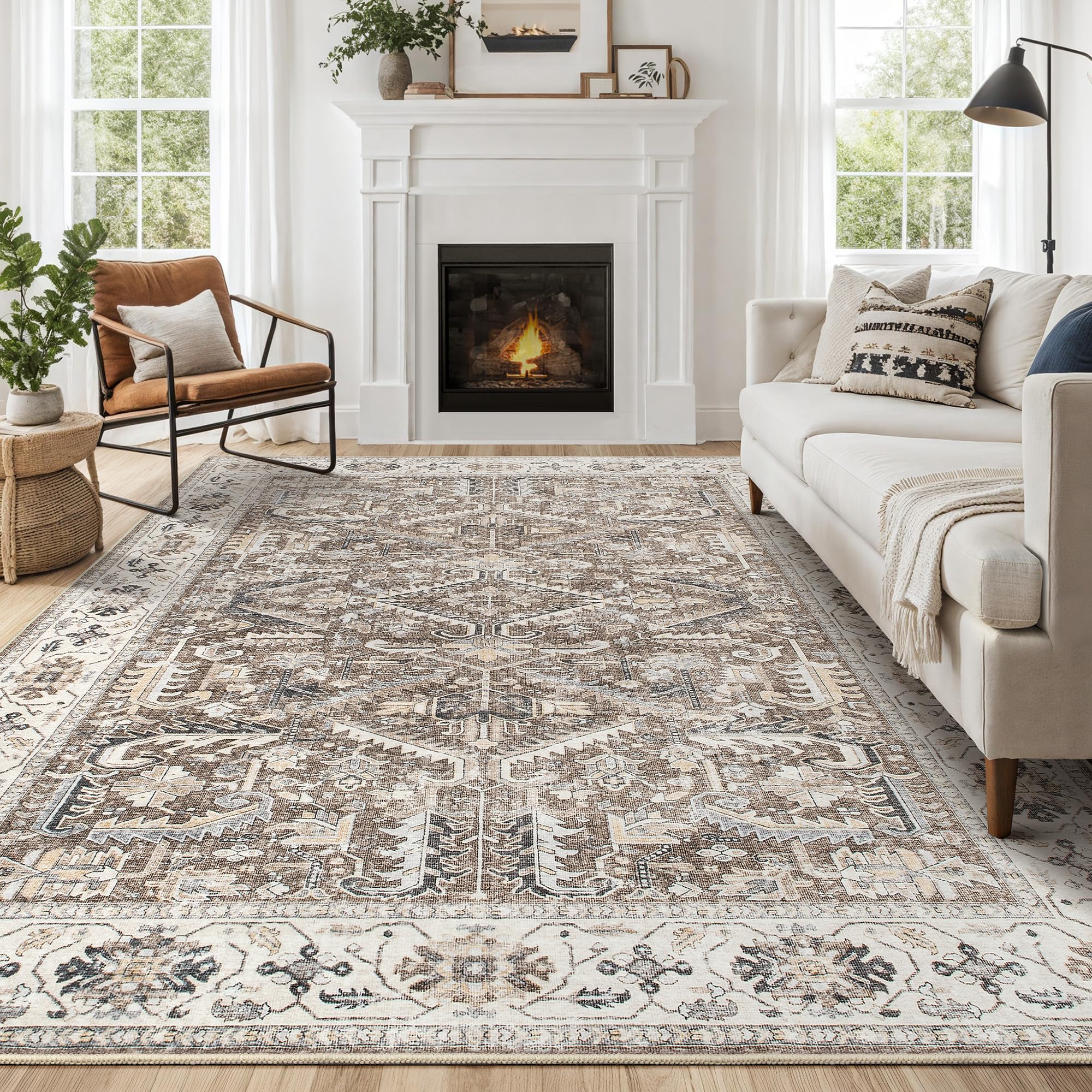 Area Rugs 5x7 for Living Room - Washable Soft Large Vintage Rug Non-Slip Stain Resistant Traditional Stain Resistant Indoor Floor Low Pile Carpet for