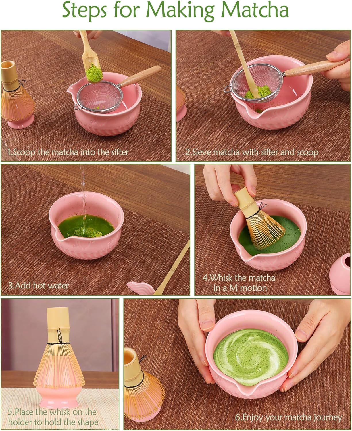 Pink Matcha Whisk Set, 8 Pcs Ceramic Matchas Set Includes Bowl, Whisk and Holder, Scoops, Bamboo Scoop, Scoop Rest, Sifter and Tea Towel, Kit for Matcha-Lovers