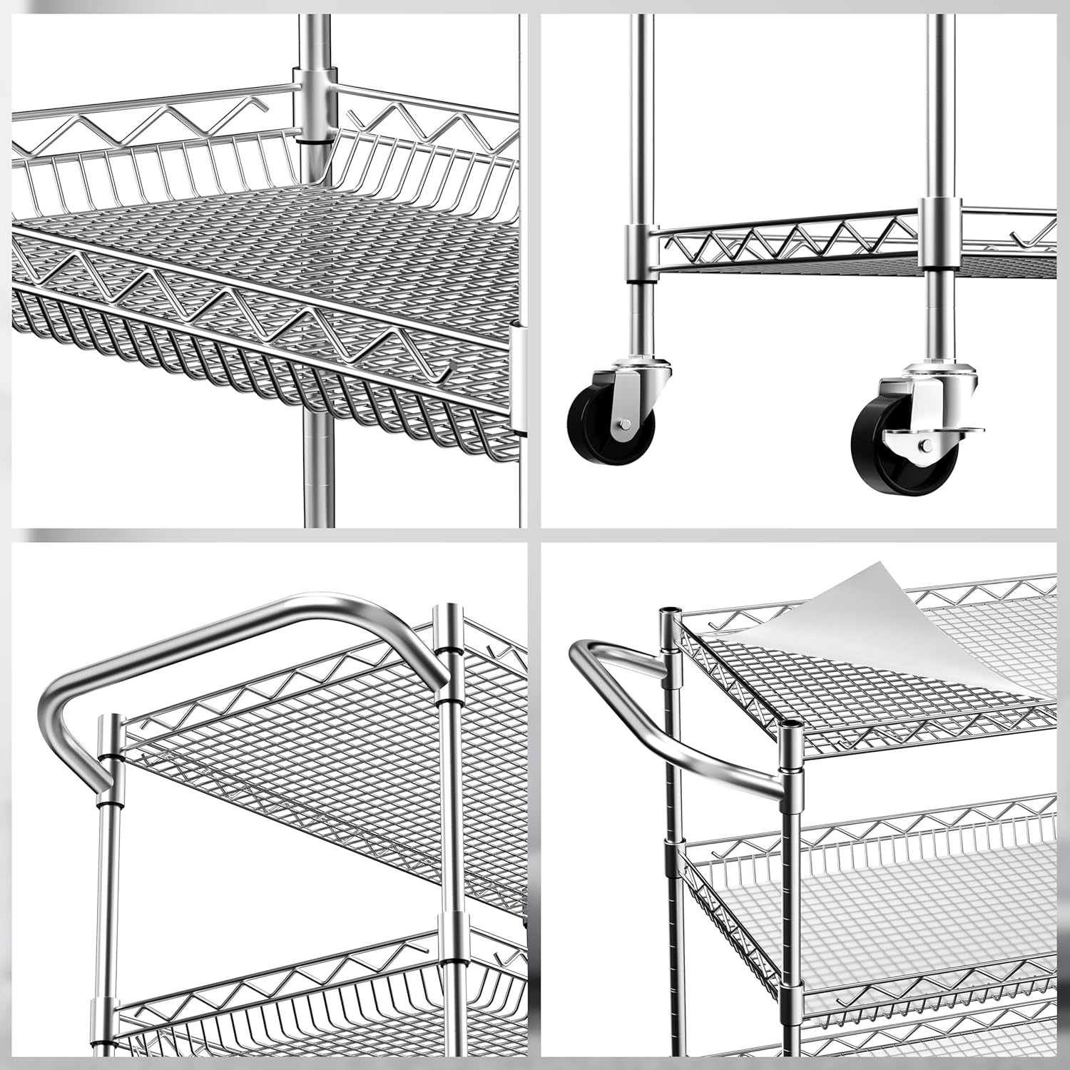 3-Tier Rolling Kitchen Cart with Wheels & Hooks,Commercial Grade Metal Utility Carts,3 Wire Shelf Heavy Duty Serving Cart Storage for Kitchen,Garage,Restaurant,Studio,1000Lbs,31"Dx18"Wx33.5"H