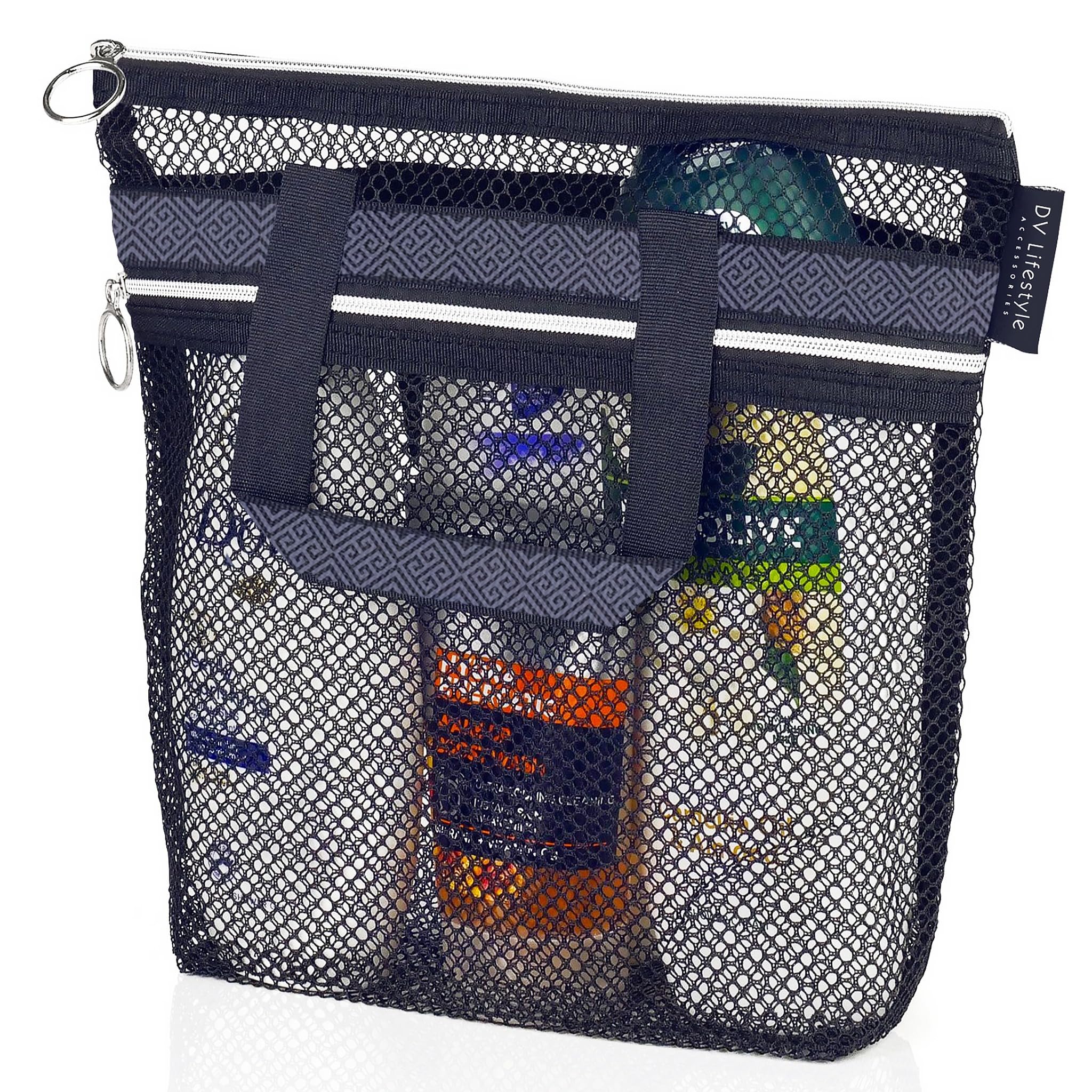 Mesh Shower Bag 10.2x9.9'' Quick-Dry Caddy with Zipper & 2 Pockets. Portable Toiletry Tote for Bathroom, Gym, Travel, Camp, Beach, for Sunscreen, Dorm & College Essentials (Black)