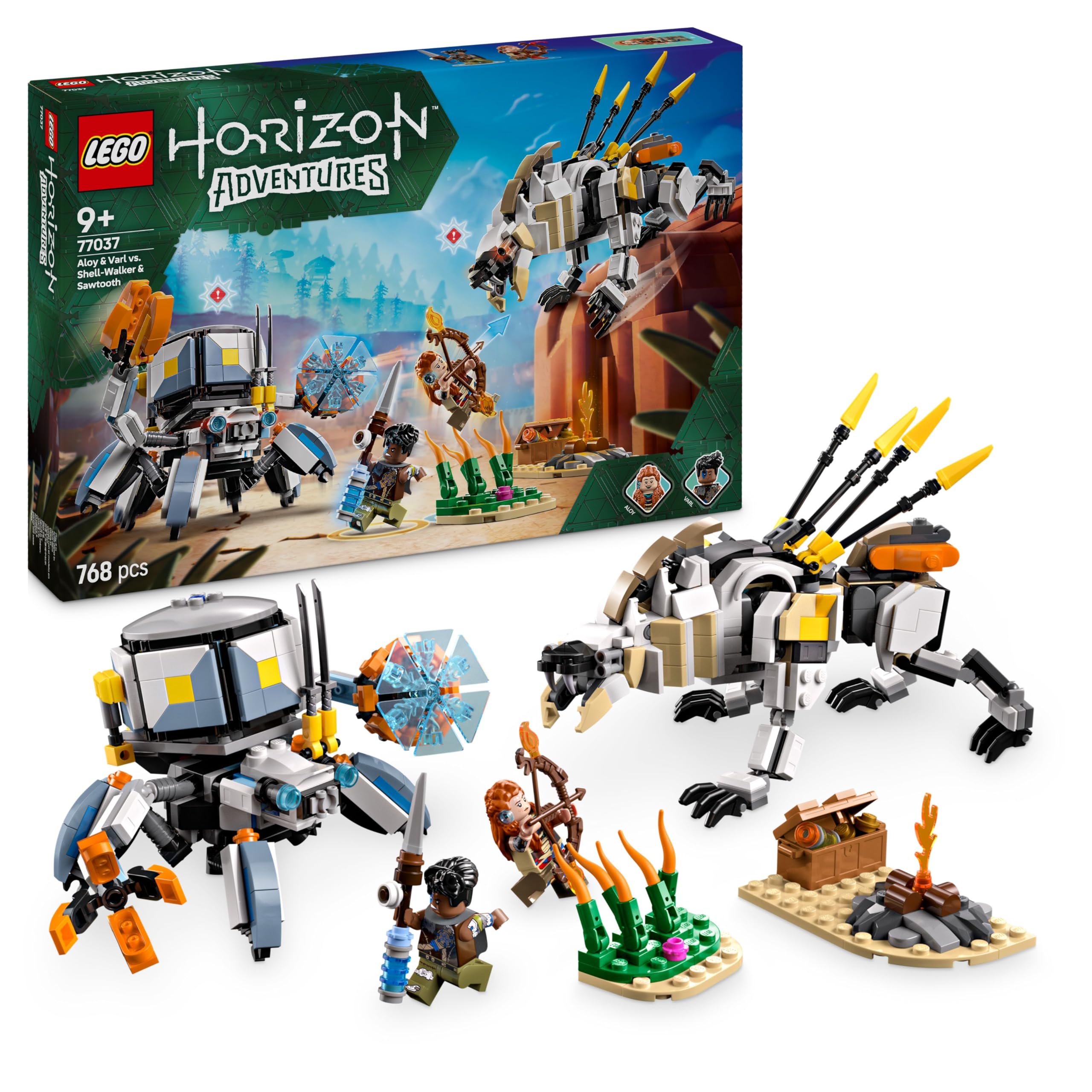 Horizon Adventures Aloy & Varl vs. Shell-Walker & Sawtooth Building Toy Set with Machine Monsters and Minifigures, Creative Gift for 9+ Year Old Boys, Girls and Gamers 77037