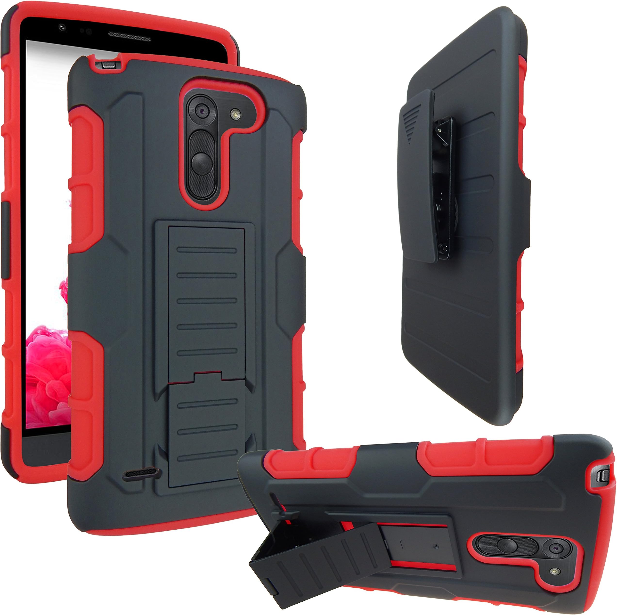 LG G3 Stylus Case, ATUS® LG G3 Stylus (D690) Armor Series - Heavy Duty Dual Layer Holster Case Kick Stand with Locking Belt Swivel Clip + Ultra-sensitive Stylus Pen (BLACK/RED)