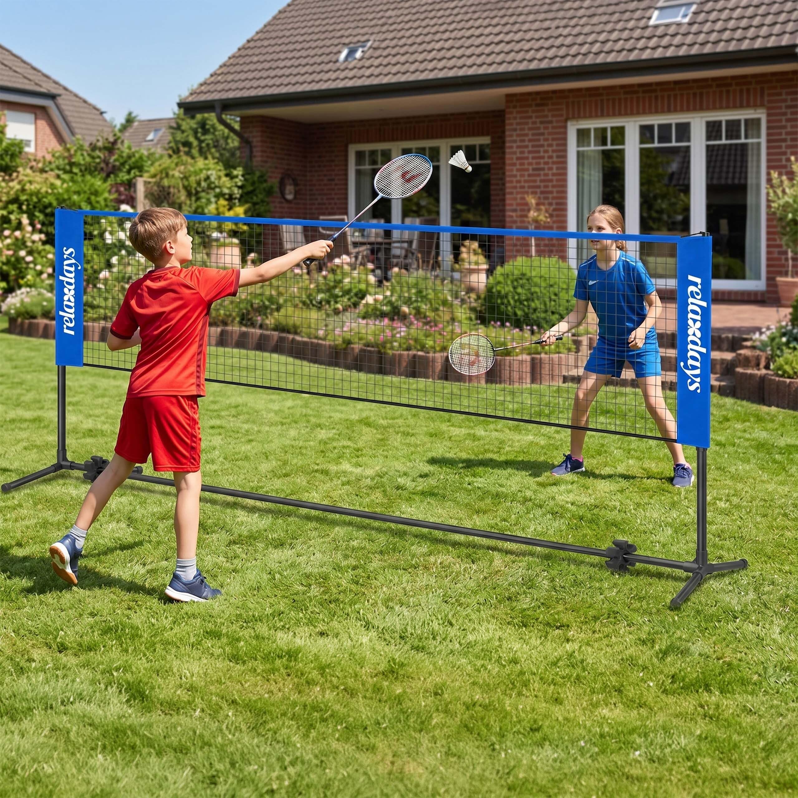 Relaxdays Badmintonnetz, höhenverstellbarer Ständer, Größe, blau/schwarz | Tragetasche, Garten & Camping, Federballnetz