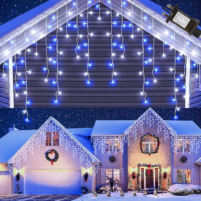 Moxled Icicle Outdoor Christmas Lights 9M 360 LED Blue & White Icicle Lights Mains Powered with Remote, Timer Memory Function, Waterproof 11 Modes Fairy Lights for Indoor Outdoor Xmas Decorations