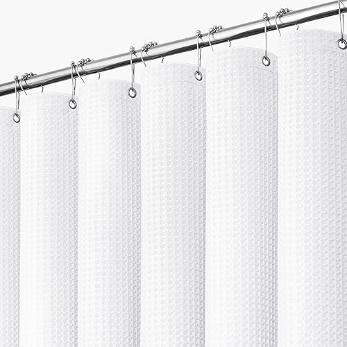 Dynamene White Fabric Shower Curtain, Waffle Weave Heavy Duty Thick