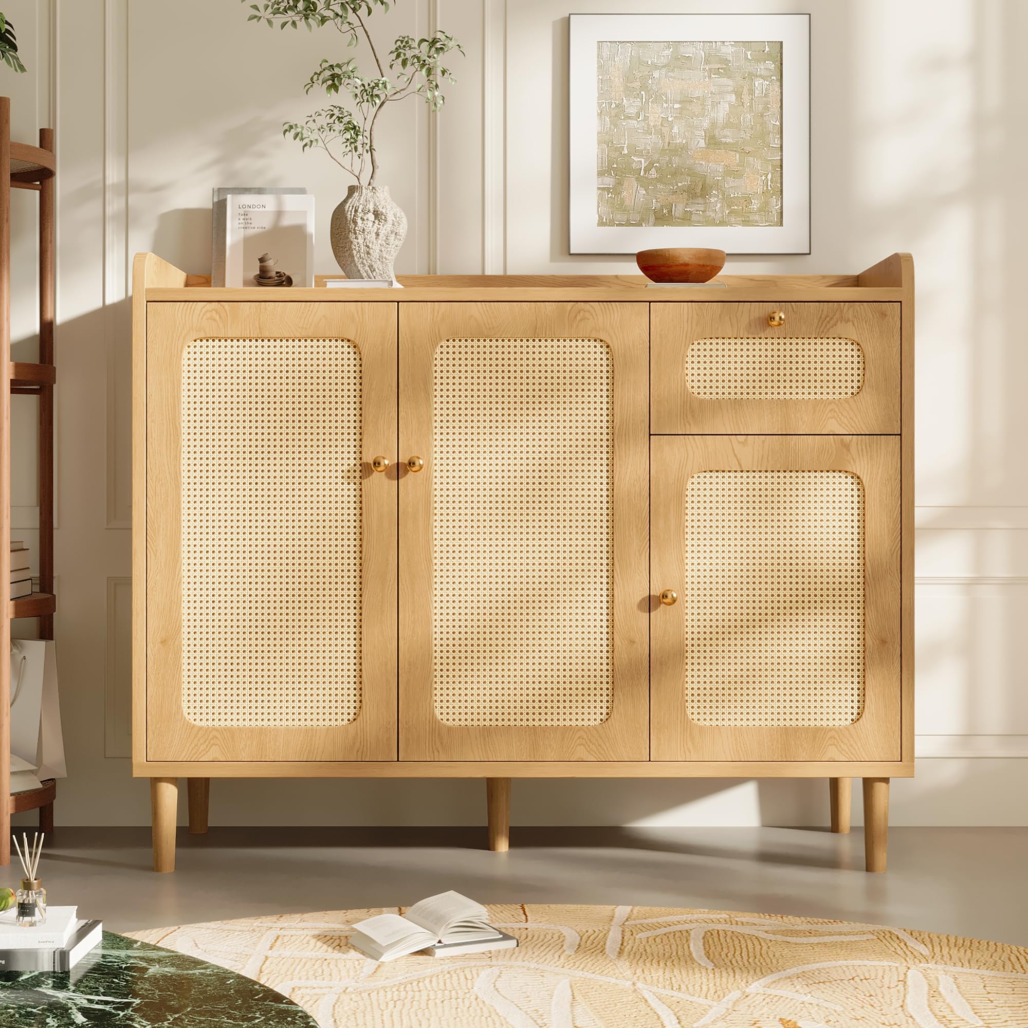 MURUL Aparador de 120 x 40 x 91 cm, aspecto de roble con tejido de ratán, cómoda con 3 puertas y 1 cajón, aparador con cierre suave para salón y pasillo (roble 2)