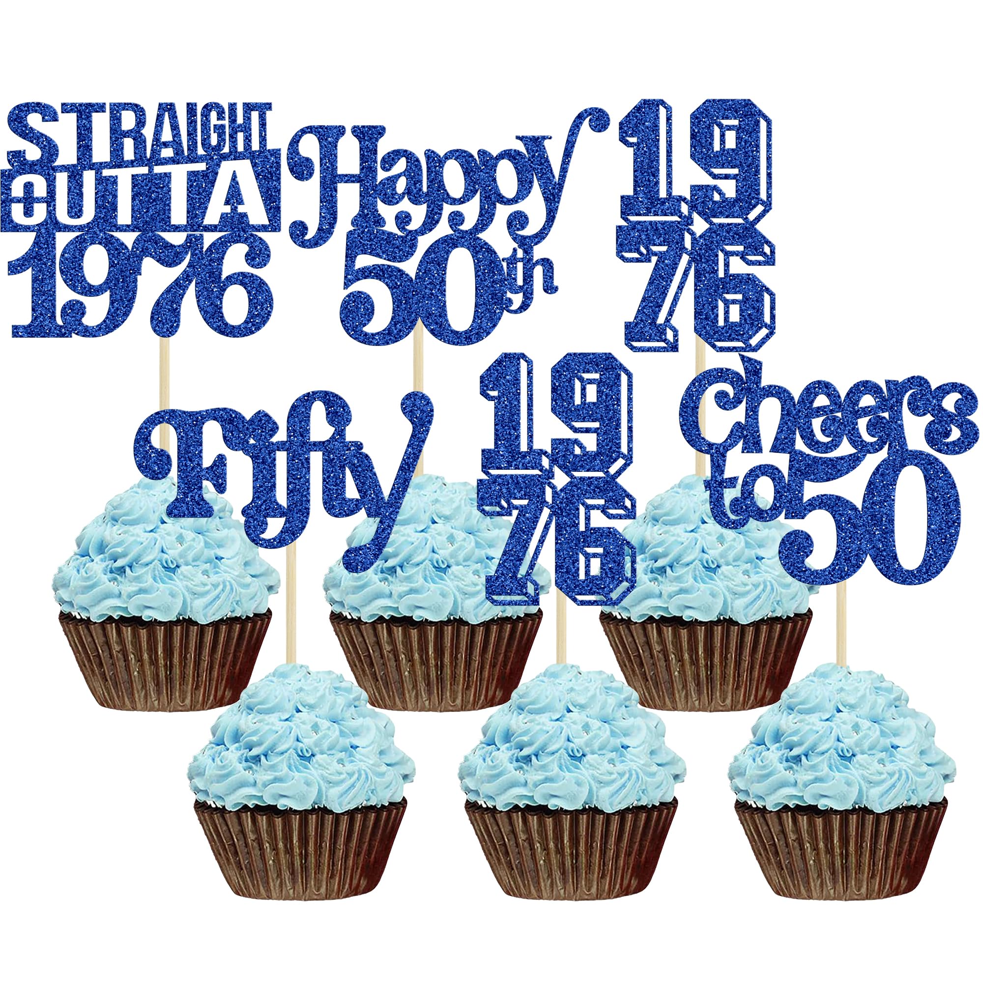 Gyufise 30Pcs Happy 50th Birthday Cupcake Toppers Glitter Fifty Straight Outta 1976 Cupcake Picks Cheers to 50 Fabulous Cake Decorations for 50th Birthday Wedding Anniversary Party Supplies Blue