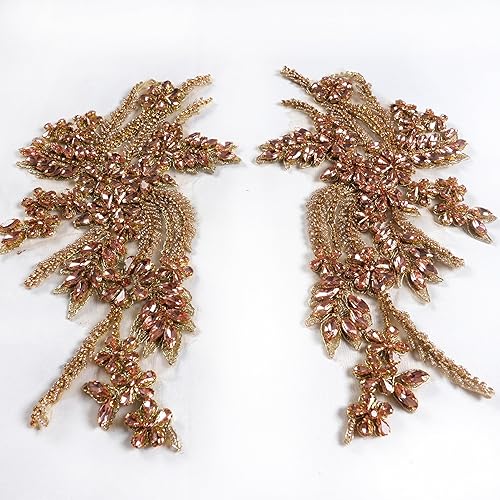 Miniatura 195 de Parches de diamantes de imitación hechos a mano, apliques de cuentas para decoración de vestidos de novia, apliques de flores de oro