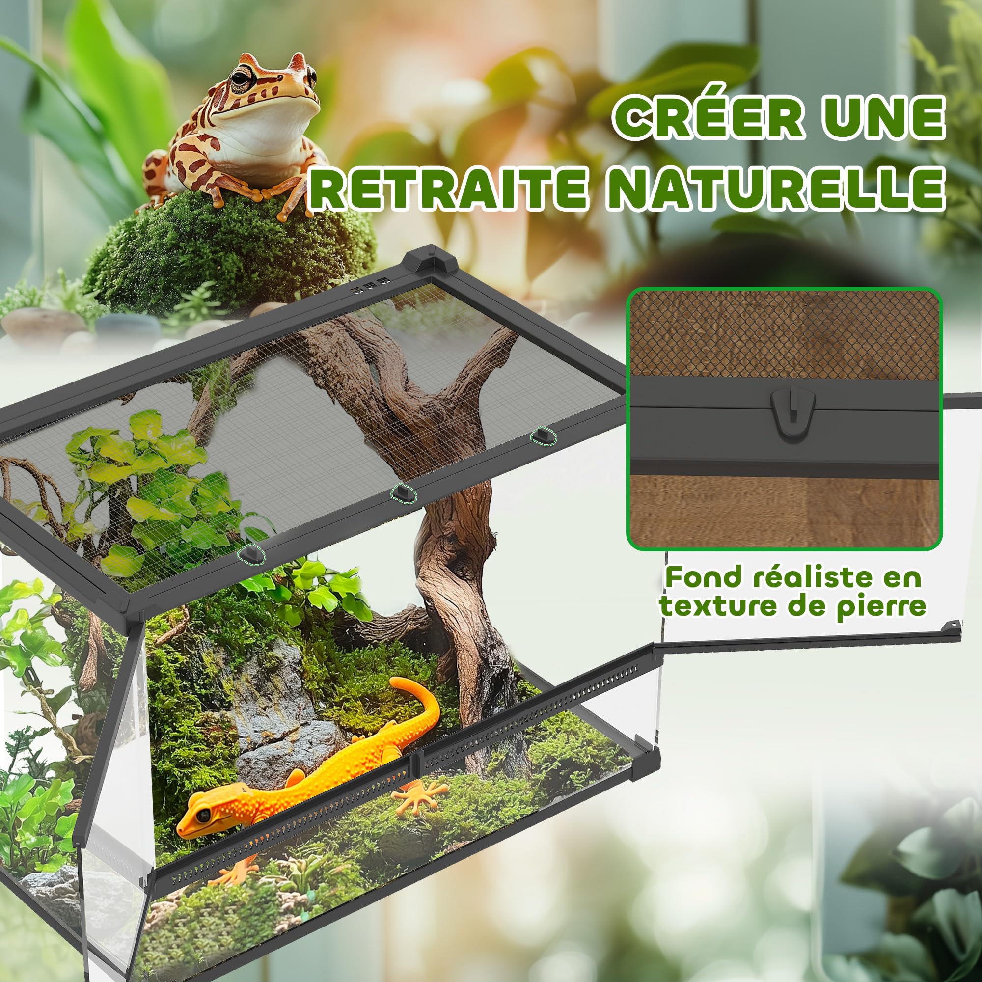 PawHut Contenitore per rettili, contenitore per l'allevamento di rettili, habitat per terrario con chiusura di sicurezza a rotazione, ventilazione frontale, nessun assemblaggio richiesto, 50 x 30 x