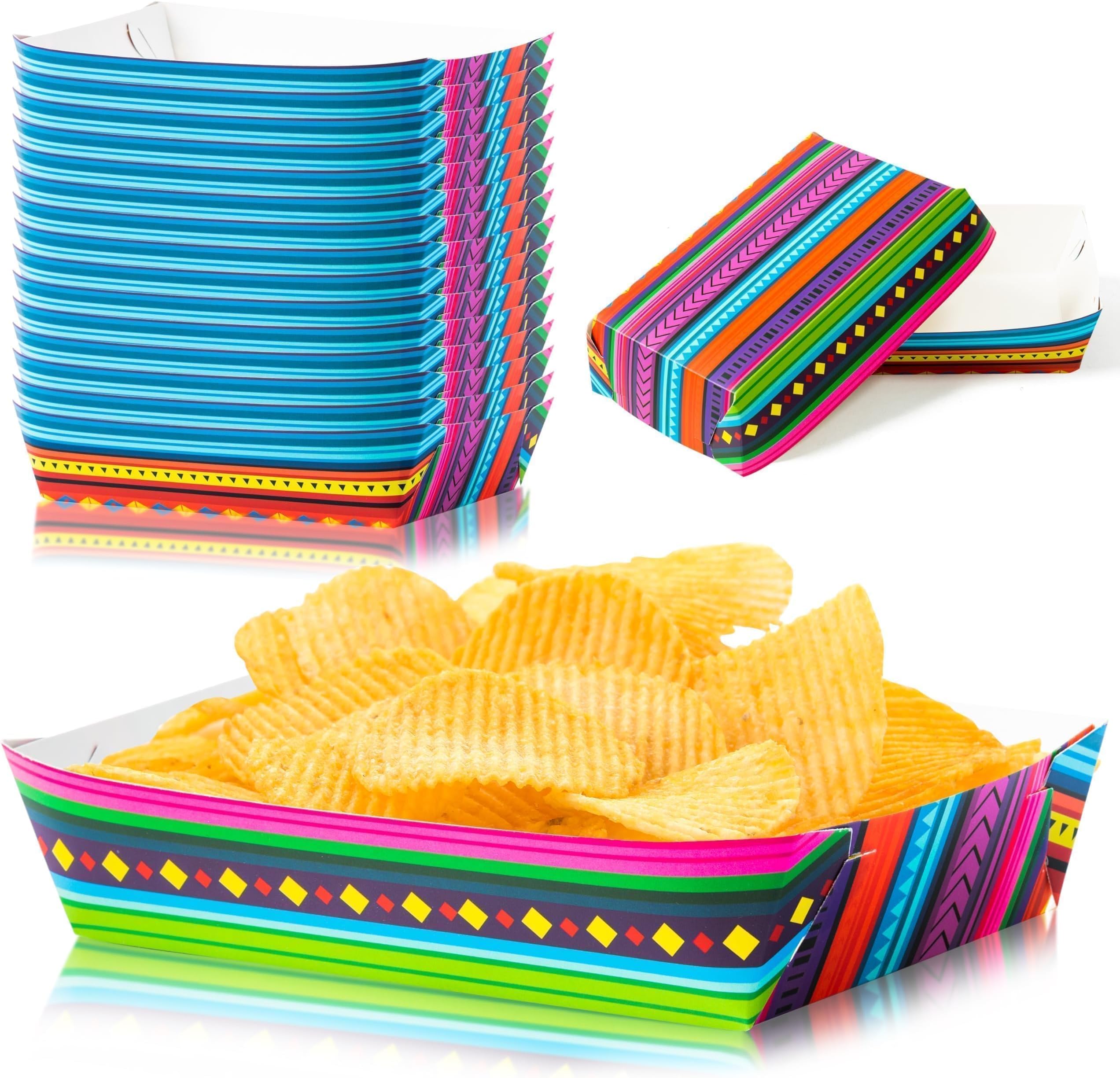 Mexican Taco Nights Food Trays 50Pcs Mexican Nacho Popcorn Unassembled Trays Snack Candy Holder Disposable Paper Plates Christmas Carnival Party Food Containers Concession Stand Party Supplie