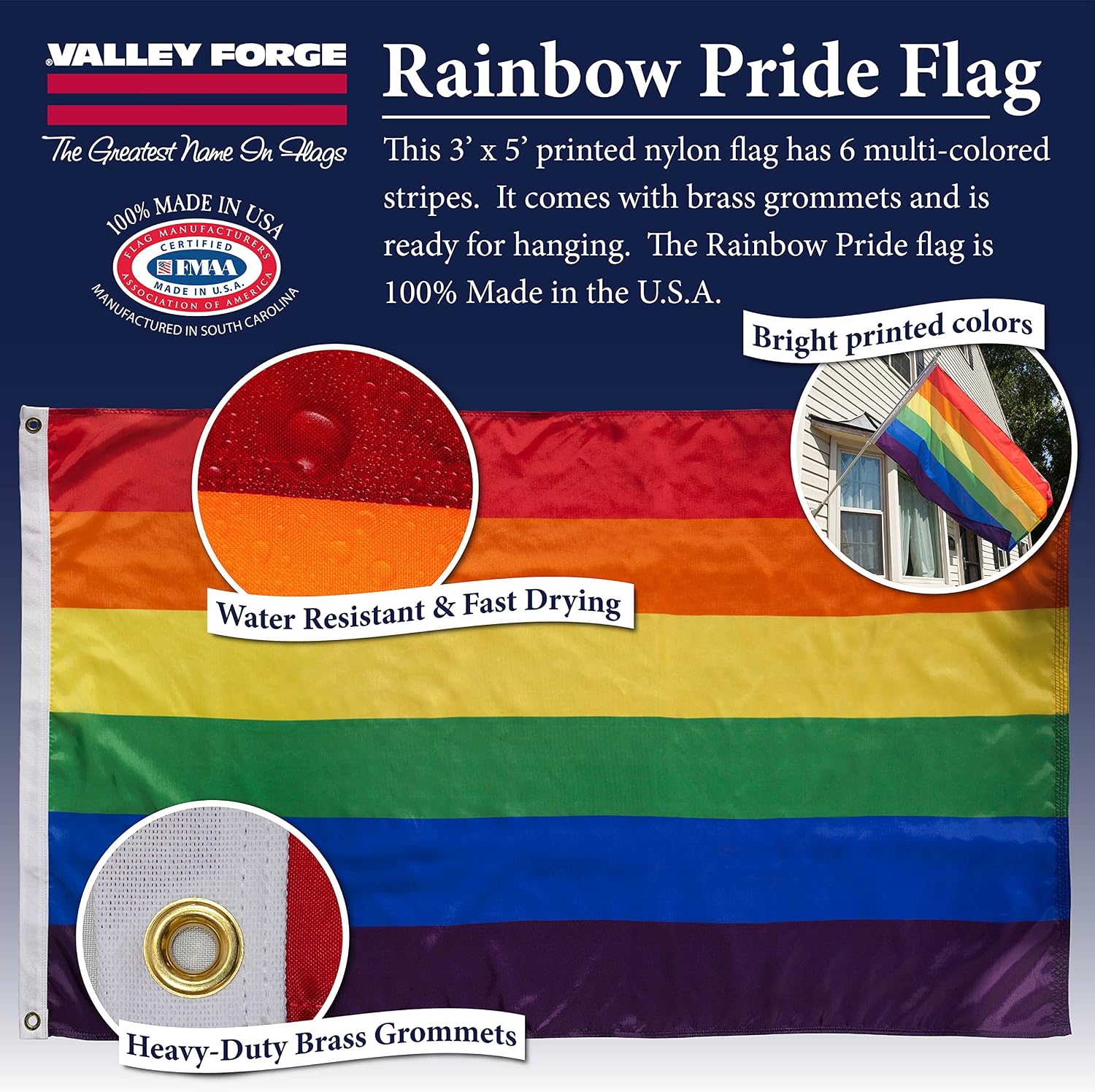 Rainbow Pride Flag - 100% Made in the USA - 3' x 5' ft - Sentinel Printed Polycotton Sturdy, Durable, and Patriotic - Great For Gardens, Homes, Patios and Cars – By Valley Forge Flag