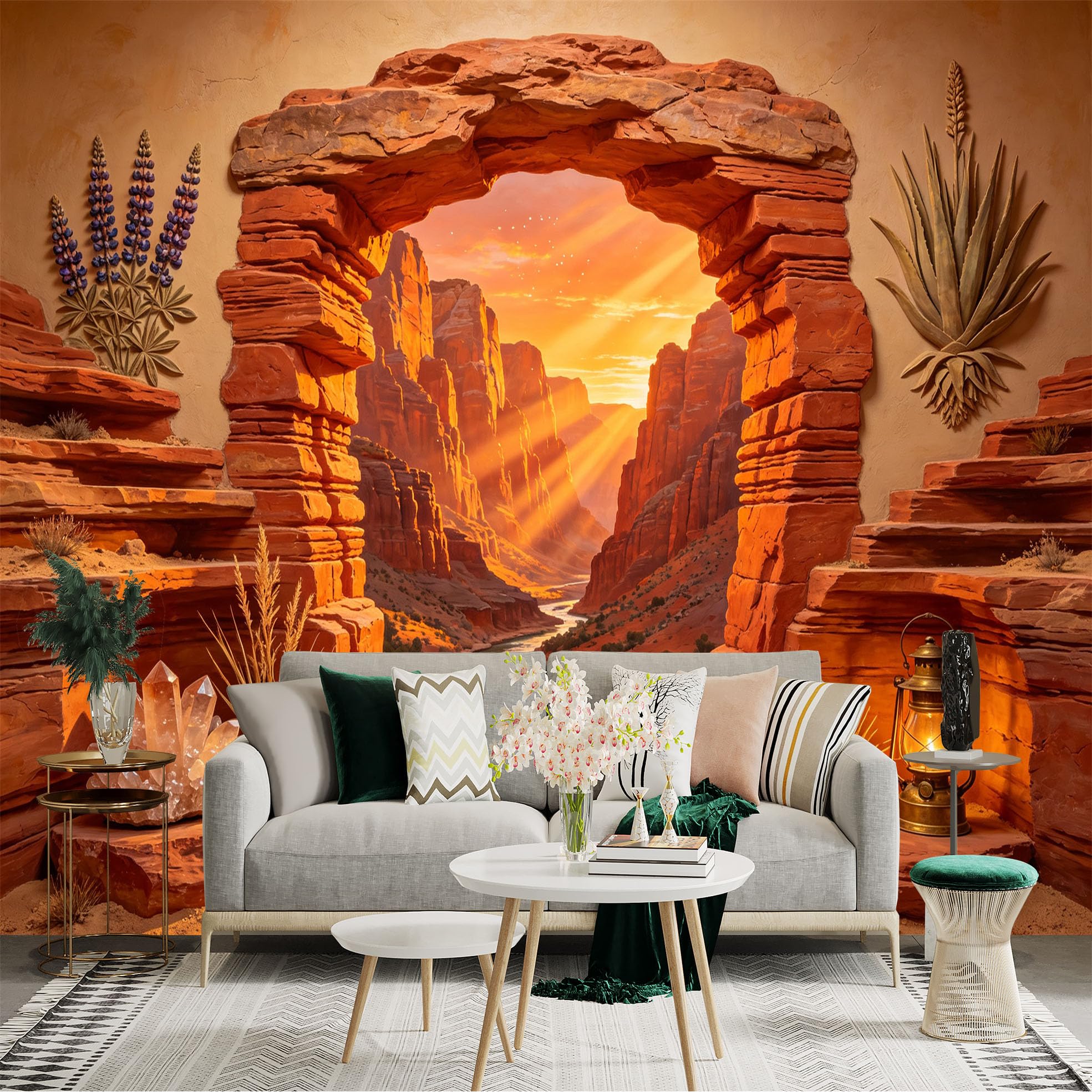 Custom Size Wall Sticker Mural， Desert Canyon Arch， Sunset River Valley， Red Rock Landscape， for wall Decoration， peelandstick wall Decals.