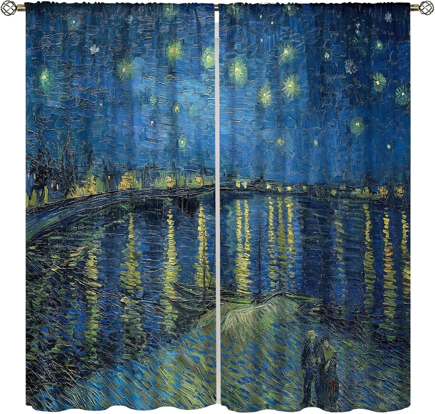 Oil Painting Curtains for Bedroom, Starry Night Over The Rhone Blue Art Abstract Pattern Decor Print Window Treatments, Rod Pocket Blackout Drapes for Living Room Bathroom, 42x63in