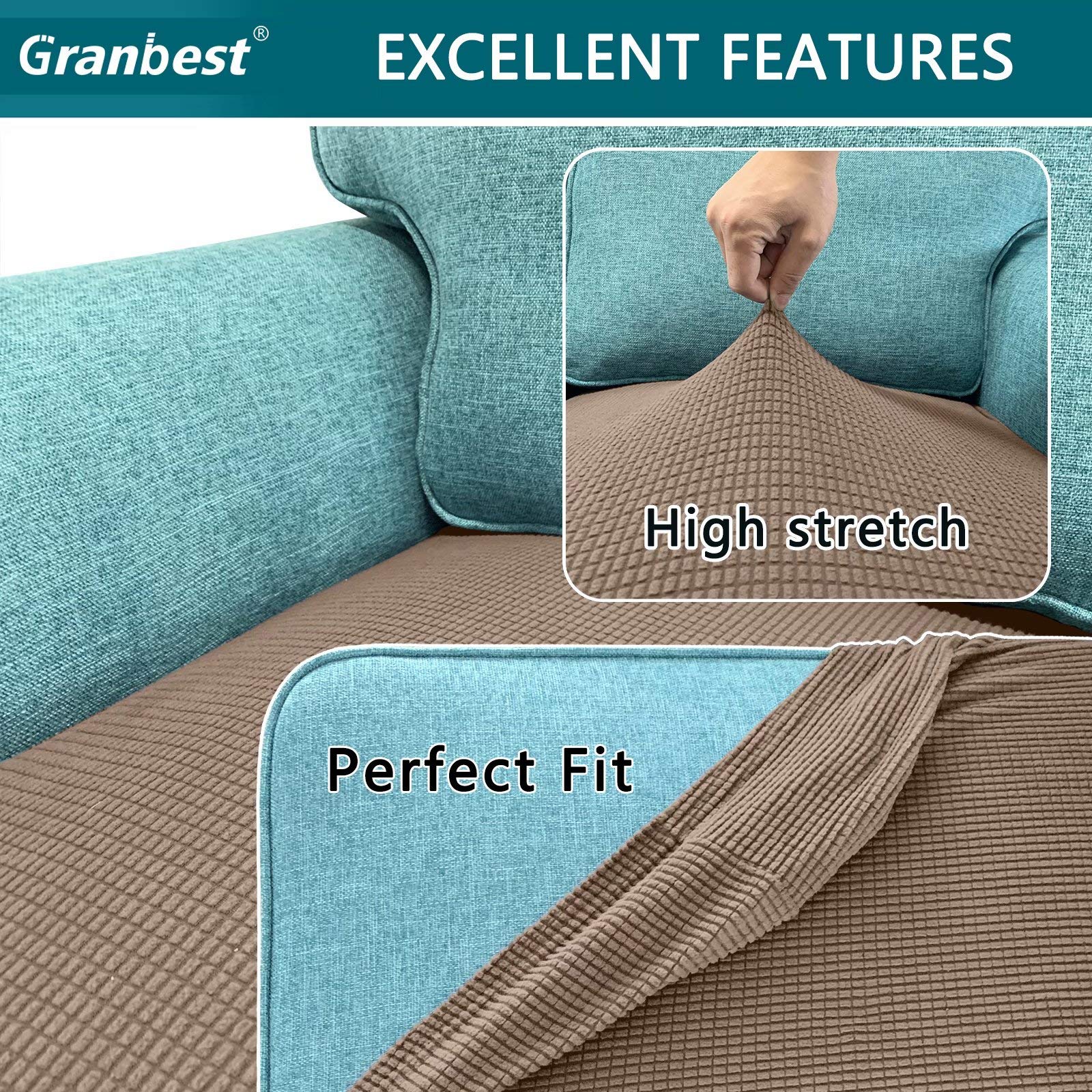 Granbest High Stretch Sofa Seat Cushion Cover Super Soft Couch Seat Cover Sofa Cushion Protector Jacquard Spandex Fabric with Elastic Bottom(1 Seater - Image 4