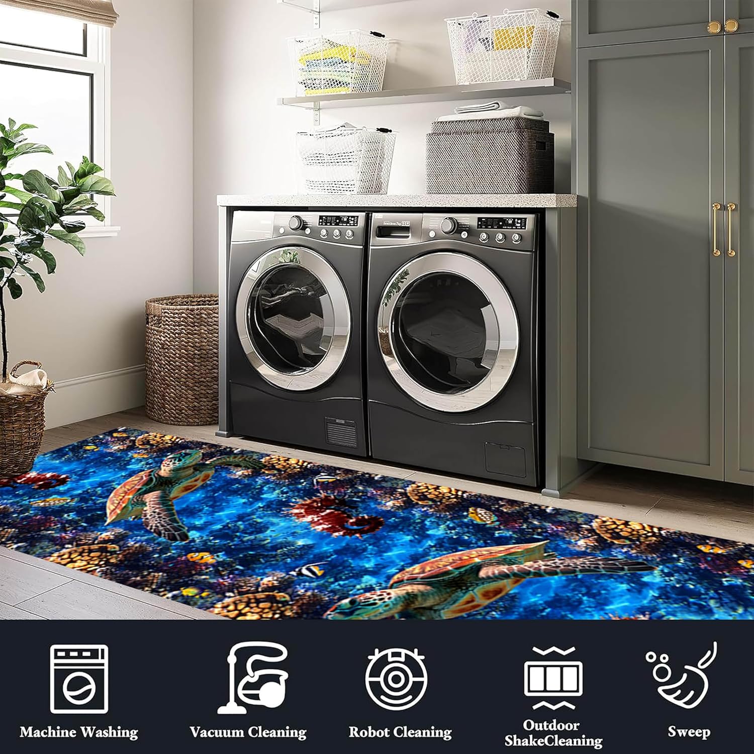 Sea Turtles Coastal Runner Rug for Hallway, 1.3x7ft, Underwater World Seahorse Clownfish Coral 3D Illusion Area Rug, Non-Shed Soft Ocean Decor Carpet for Bedroom Entryway Foyer