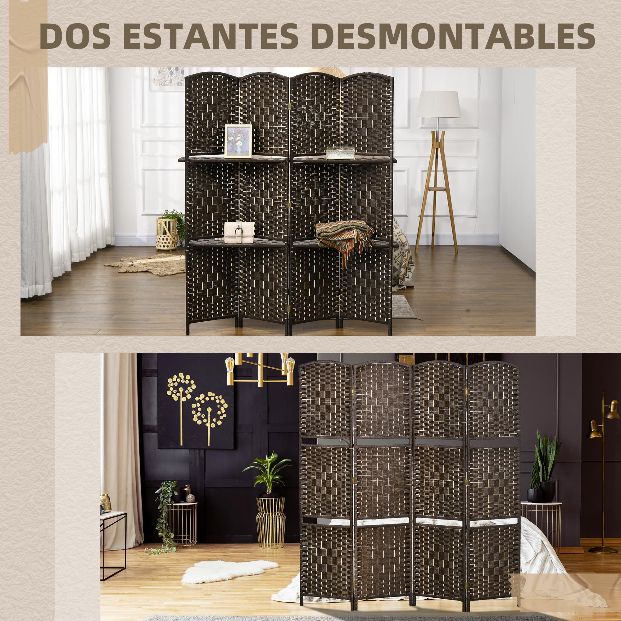 HOMCOM Biombo Separador de Ambientes de 4 Paneles 160x170 cm con 2 Estantes de Exhibición Pantalla de Privacidad Plegable Divisor para Oficina Dormitorio Marrón