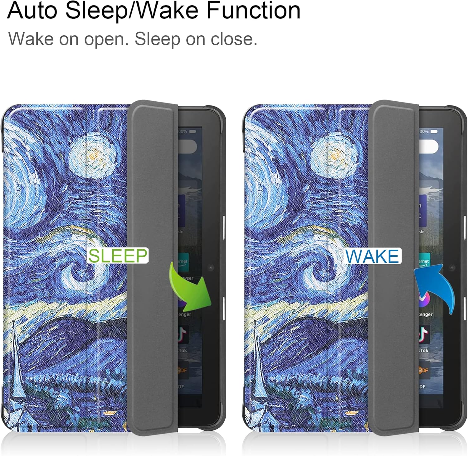 Case for Amazon Kindle Fire HD 8 & Fire HD 8 Plus (12th/10th Gen, 2024/2022/2020 Release) 8", UUcovers Trifold Stand Hard Bumper Shockproof Smart Cover with Auto Wake/Sleep, Starry Night Van Gogh